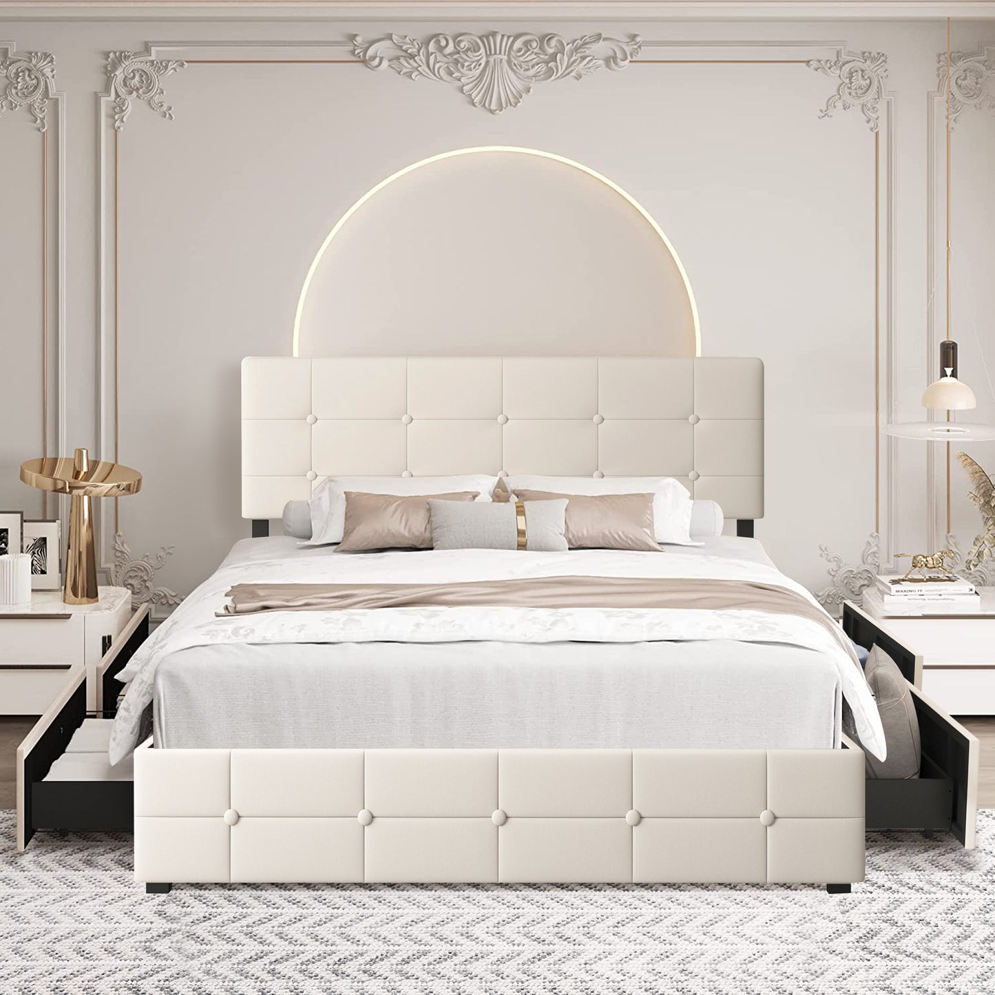 SYNGAR Storage Upholstered Queen Platform Bed Frame with 4 Drawers, Queen Size Storage Bed with Button Tufted Headboard, Metal Mattress Foundation with Strong Slats, No Box Spring Needed, Beige