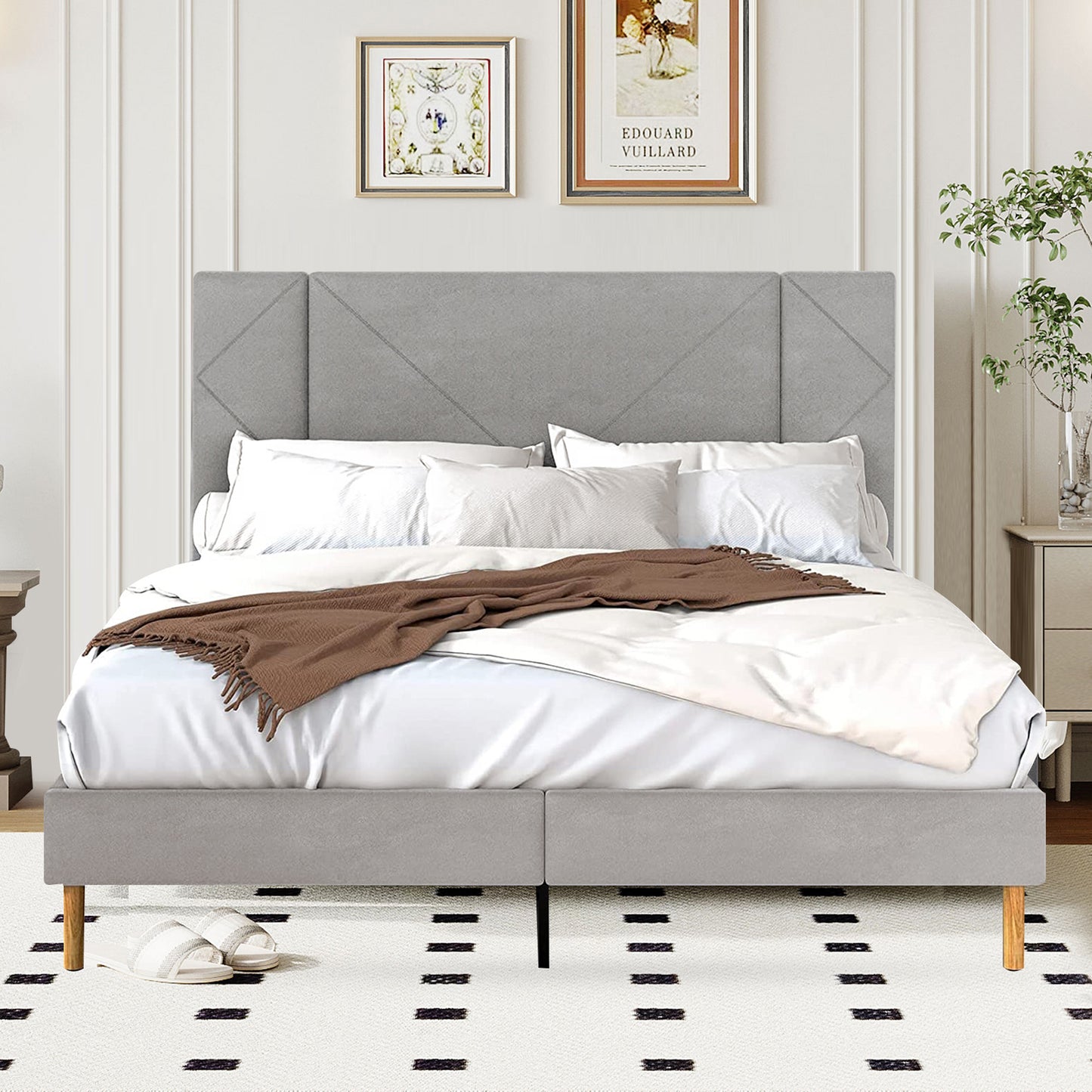 SYNGAR Full Bed Frame, New Upgrade Full Size Velvet Upholstered Platform Bed Frame with Elegant Headboard, Bedroom Furniture Wooden Frame Platform Bed Frame, No Box Spring Needed, Gray