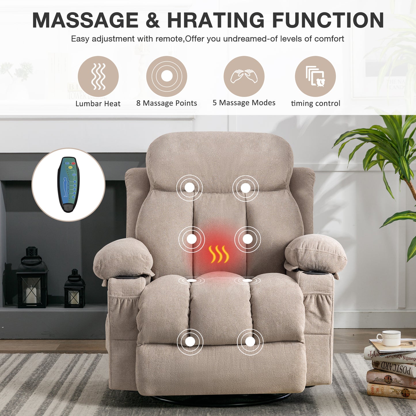 SYNGAR Oversized Recliner Chair, 360° Swivel Rocker Reclining Chair with Massage and Heat Function, USB, Cup Holders and Side Pockets, Living Room Single Sofa Seat Nursery Lounge Chair, Grey