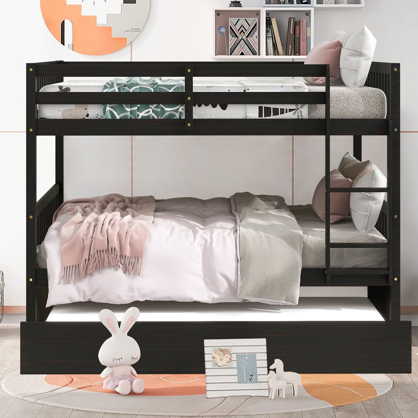 SYNGAR Full Over Full Bunk Bed with Trundle, Bunk Beds Convertible to 2 Platform Full Size Bed Frame with Guardrails and Ladder, Suitable for Kids, Teens, Adults, No Box Spring Needed, Espresso