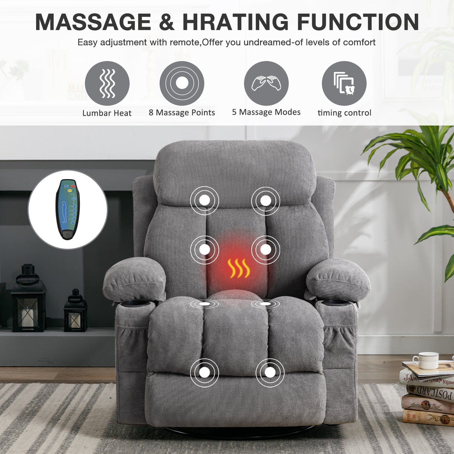 SYNGAR Recliner Chair for Elderly, Massage Chair with USB, Cup Holders and Side Pockets, Living Room Single Sofa Seat Nursery Swivel Rocker Sofa Lounge Chair, Heavy Duty Reclining Mechanism, Gray