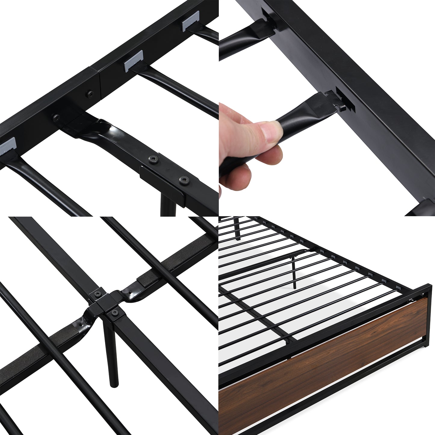 SYNGAR Black Iron Platform Bed Frame Full Size With Wooden Headboard and Footboard, New Upgrade Metal Legs Design, Industrial Full Bed Frame with Strong Slat Support