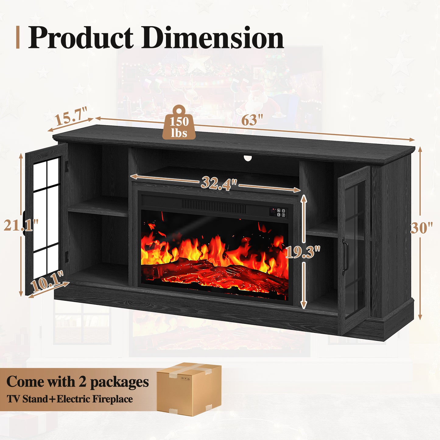 SYNGAR 63" Fireplace TV Stand for TVs up to 70" with 32" Electric Fireplace, Entertainment Center with LED, Modern Television Table Center With Remote Control for Living Room, Black