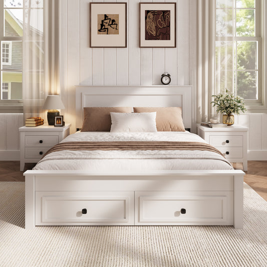 SYNGAR Full Bed Frame with Storage, Full Size Platform Bed with 2 Drawers, Wooden Bed Frame with Headboard, Heavy Duty Wood Support, No Box Spring, Farmhouse White Bed