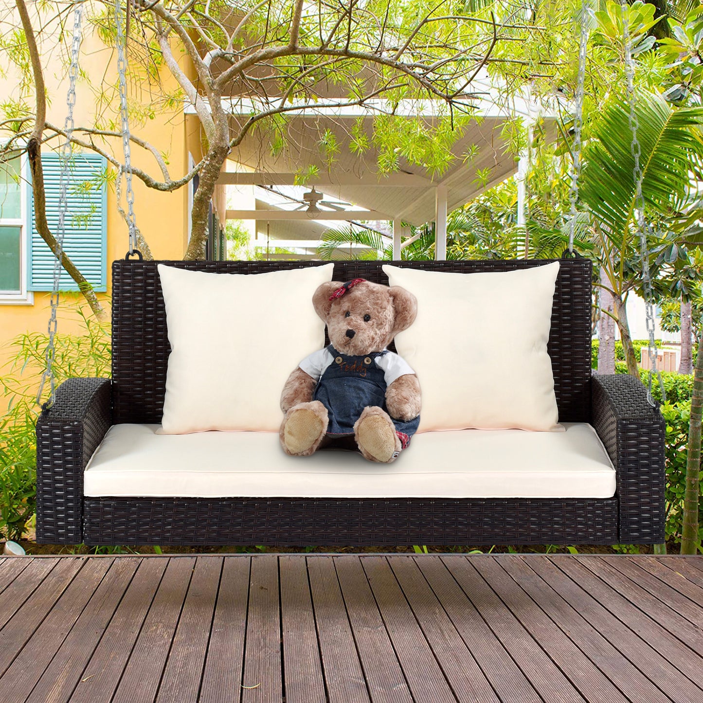 SYNGAR 2-Person Wicker Hanging Porch Swing Bench Outdoor Chair with Cushions, Chains, Pillow, Rattan Swing Bench Loveseat Sofa for Kids Boys Girls Teens Adults, for Garden, Backyard, Pond, Brown