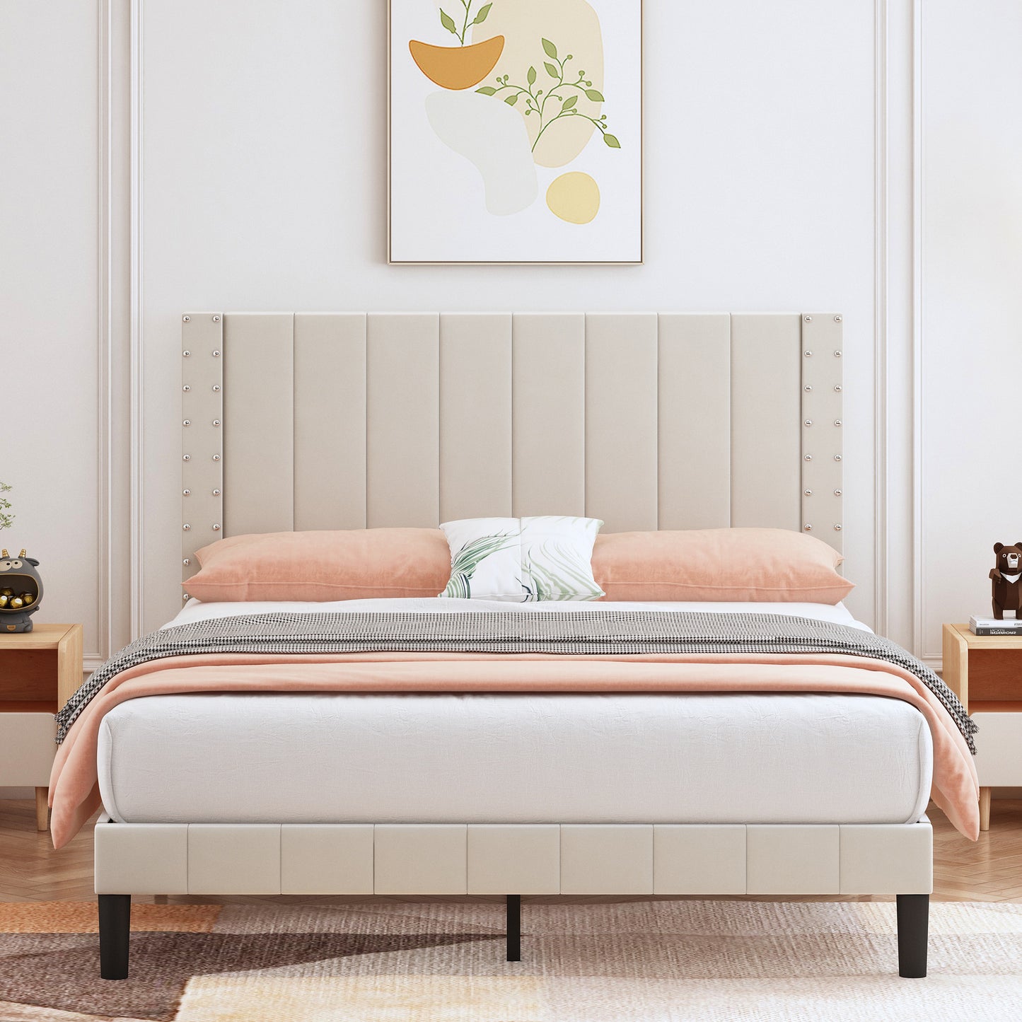 SYNGAR Full Bed Frame, New Upgrade Full Size Fabric Upholstered Platform Bed Frame with Elegant Headboard, Bedroom Furniture Wooden Frame Platform Bed Frame, No Box Spring Needed, Dark Gray