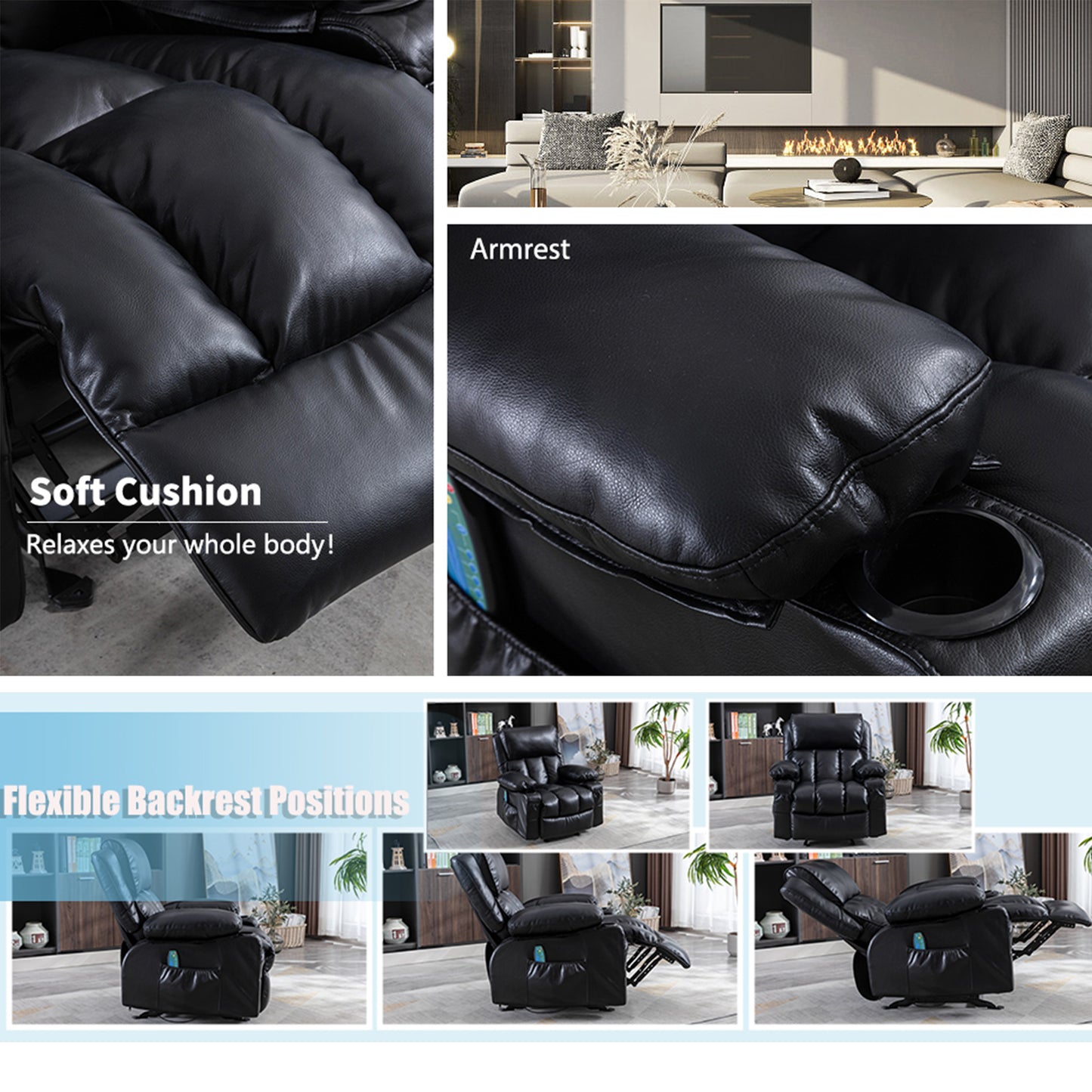 SYNGAR Manual Recliner Chair with Heat and Vibration Massage, Faux Leather Elderly Single Reclining Rocker Sofa with USB Charge Port, Cup Holders and Side Pocket for Bedroom Home Theater, Black