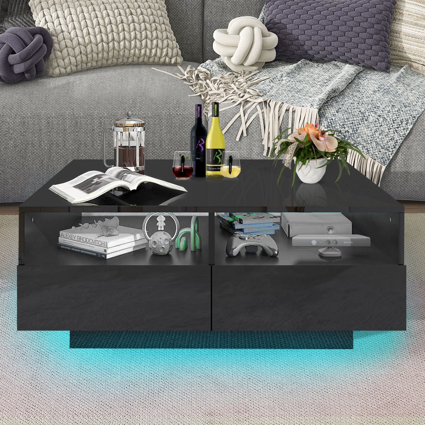 SYNGAR LED Coffee Table with 4 Storage Sliding Drawers and Open Shelves, Modern High Glossy Center Table Rectangular with Multiple Colors LED Lights for Living Room Bedroom, Easy Assembly, White