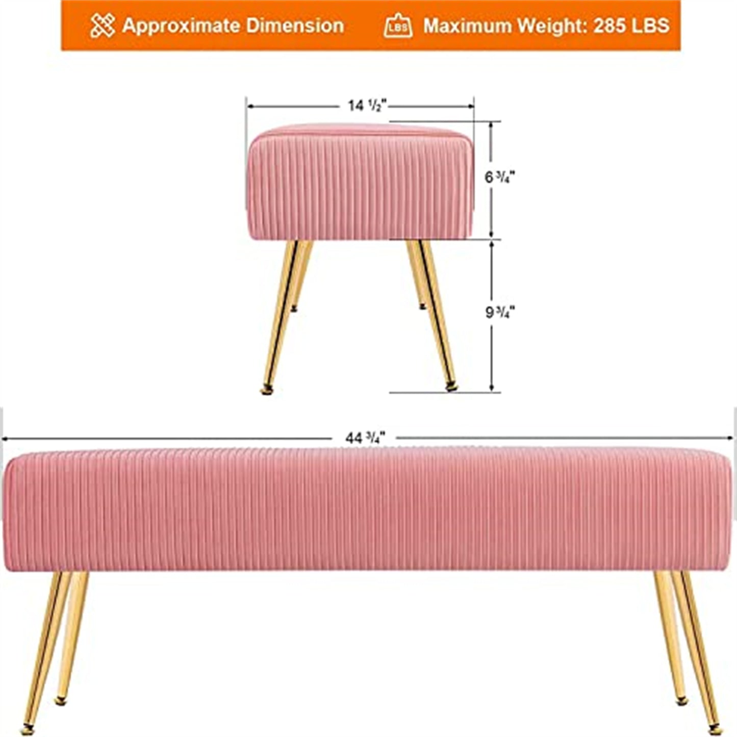 SYNGAR Upholstered Bench, Mid Century Modern Rectangular Footrest for Bedroom Entryway Channel, Velvet Fabric Bench for Bedroom End of Bed, Entryway Ottoman Bench with Gold Metal Legs, Black