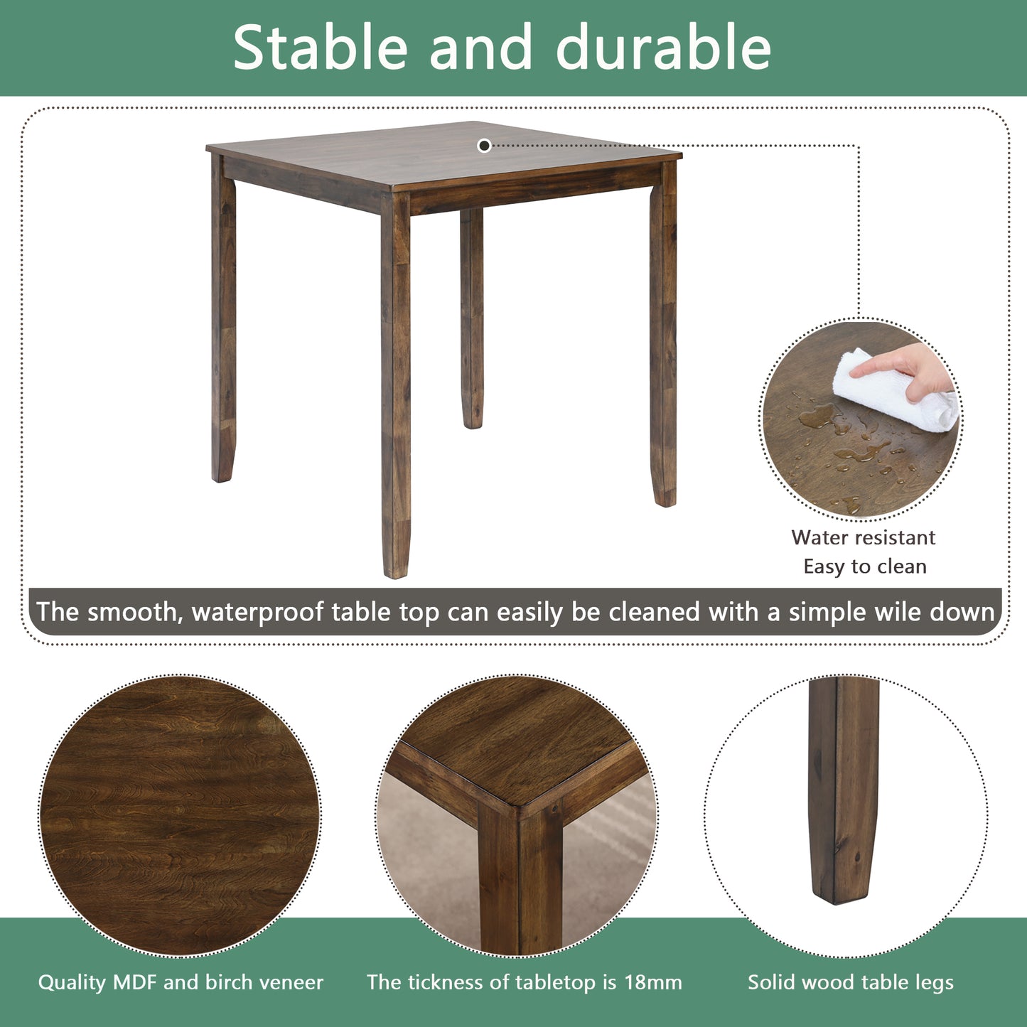 5-Piece Counter Height Dining Table Set for 4, 34.5 Inch Square Kitchen Table and 4 Upholstered Chairs with X-Back and Footrests, Space-Saving Dinette Set, Walnut