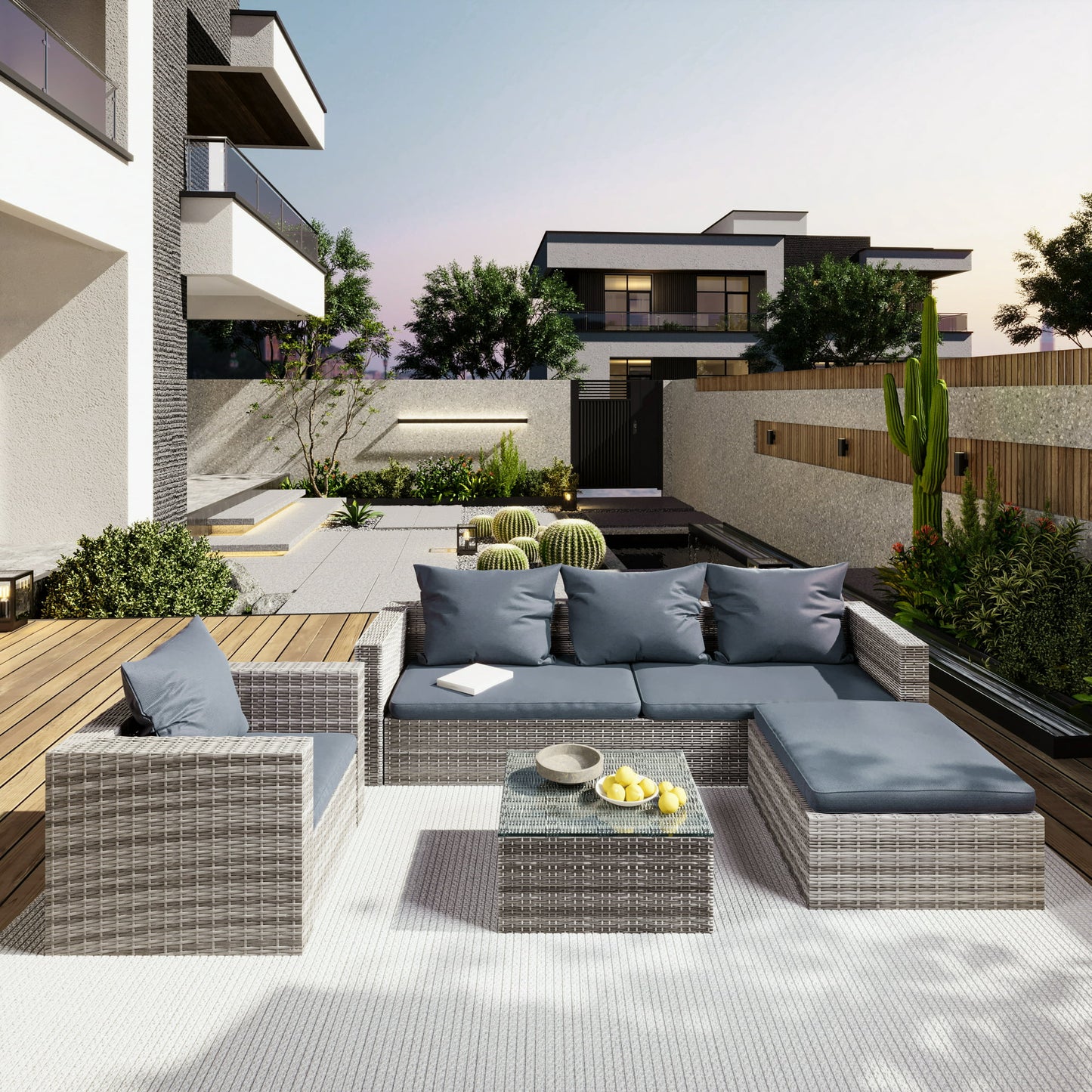 Rattan Patio Sofa Set, 4 Piece Outdoor Sectional Furniture Set, All-Weather PE Rattan Wicker Patio Conversation Set, Cushioned Sofa Set with Glass Table for Garden Pool Deck Porch, K2821