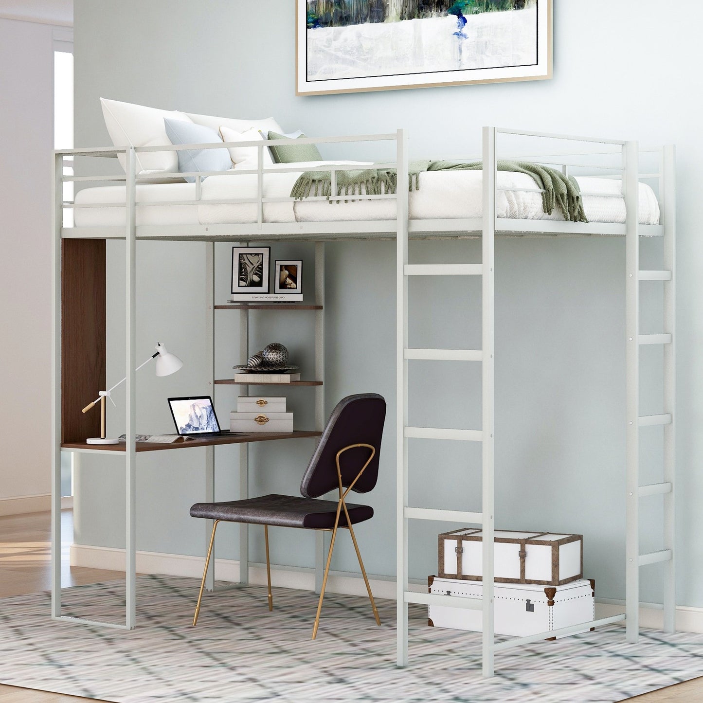 SYNGAR Loft Bed with Desk, Metal Bed Frame Twin with Desk and Ladder, Platform Bed Frame No Box Spring Needed, Silver, LJ509