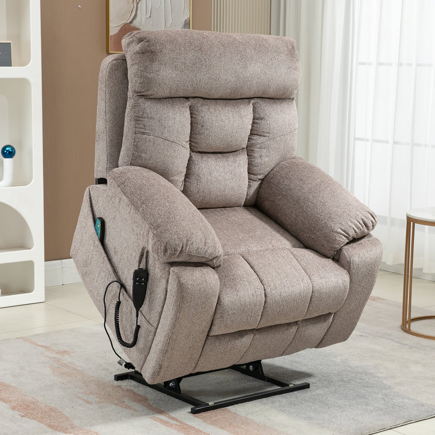 SYNGAR Electric Lift Recliner Chair with Heat and Massage, Oversized Recliner with Hidden Cup Holder for Living Room, Single Recliner Sofa with 26" Width Seat, Easy Assembly, Light Brown