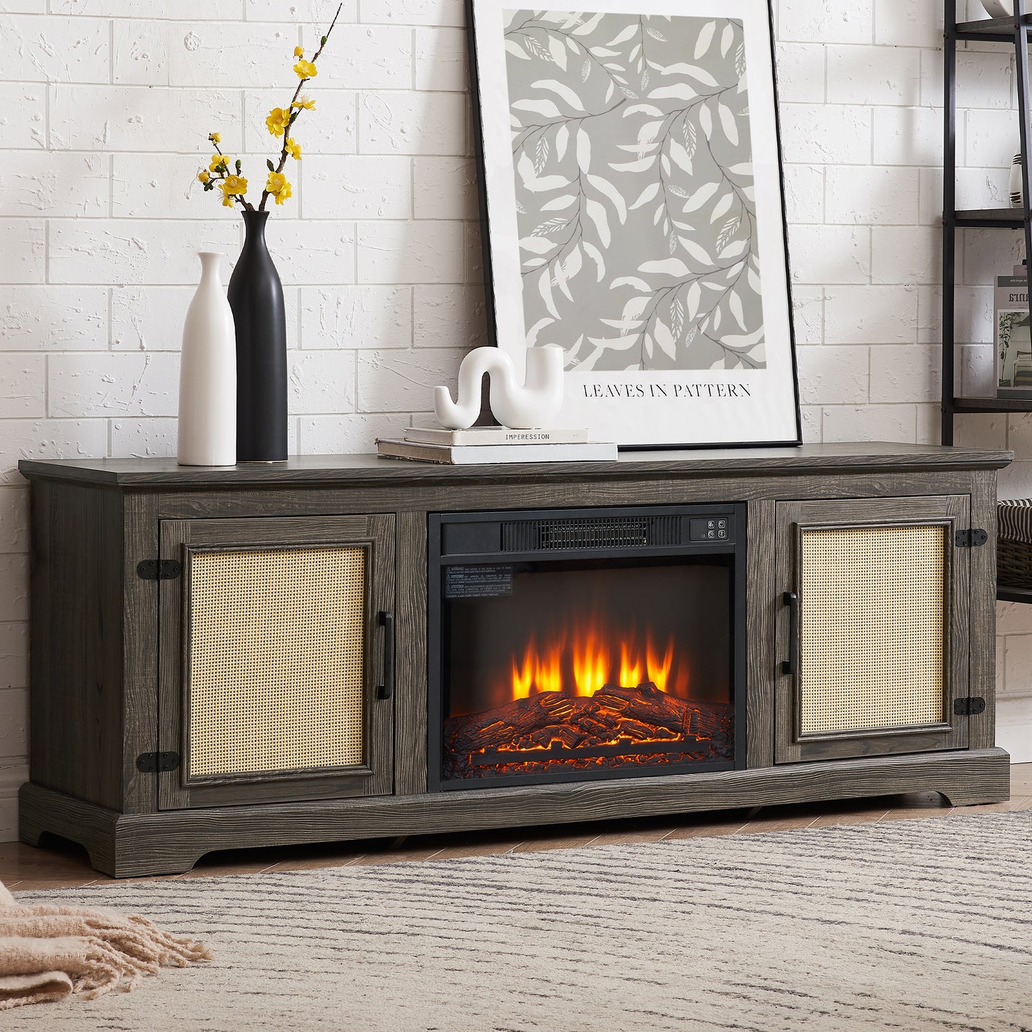 SYNGAR Electric Fireplace TV Stand for 70" TV, Farmhouse TV Stand Entertainment Center with Rattan Doors for Living Room, Wood TV Console with Adjustable Shelves, Remote Control, Gray