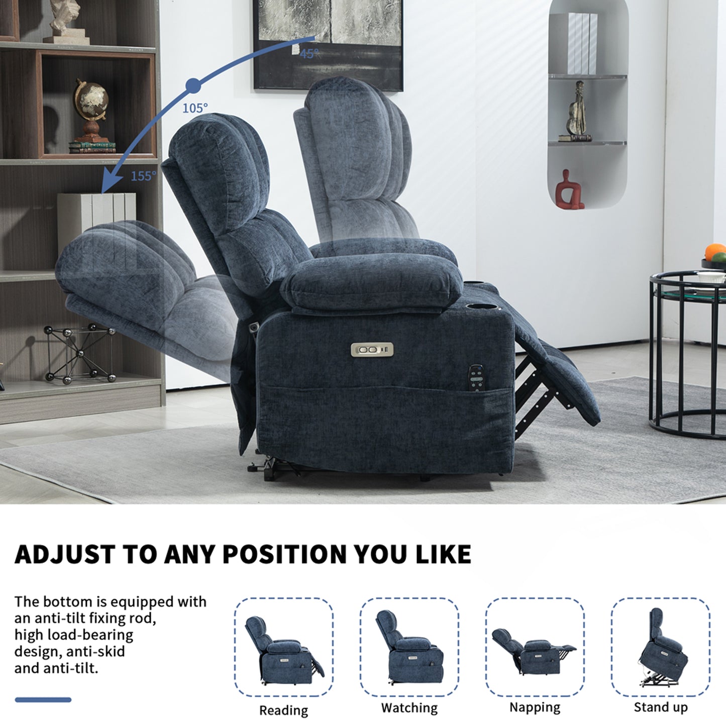 HSUNNS Power Lift Recliner Chairs for Adults, Living Room Reclining Chair with Massage and Heat Function, Upholstered Single Sofa with USB Port and Cup Holders, Blue