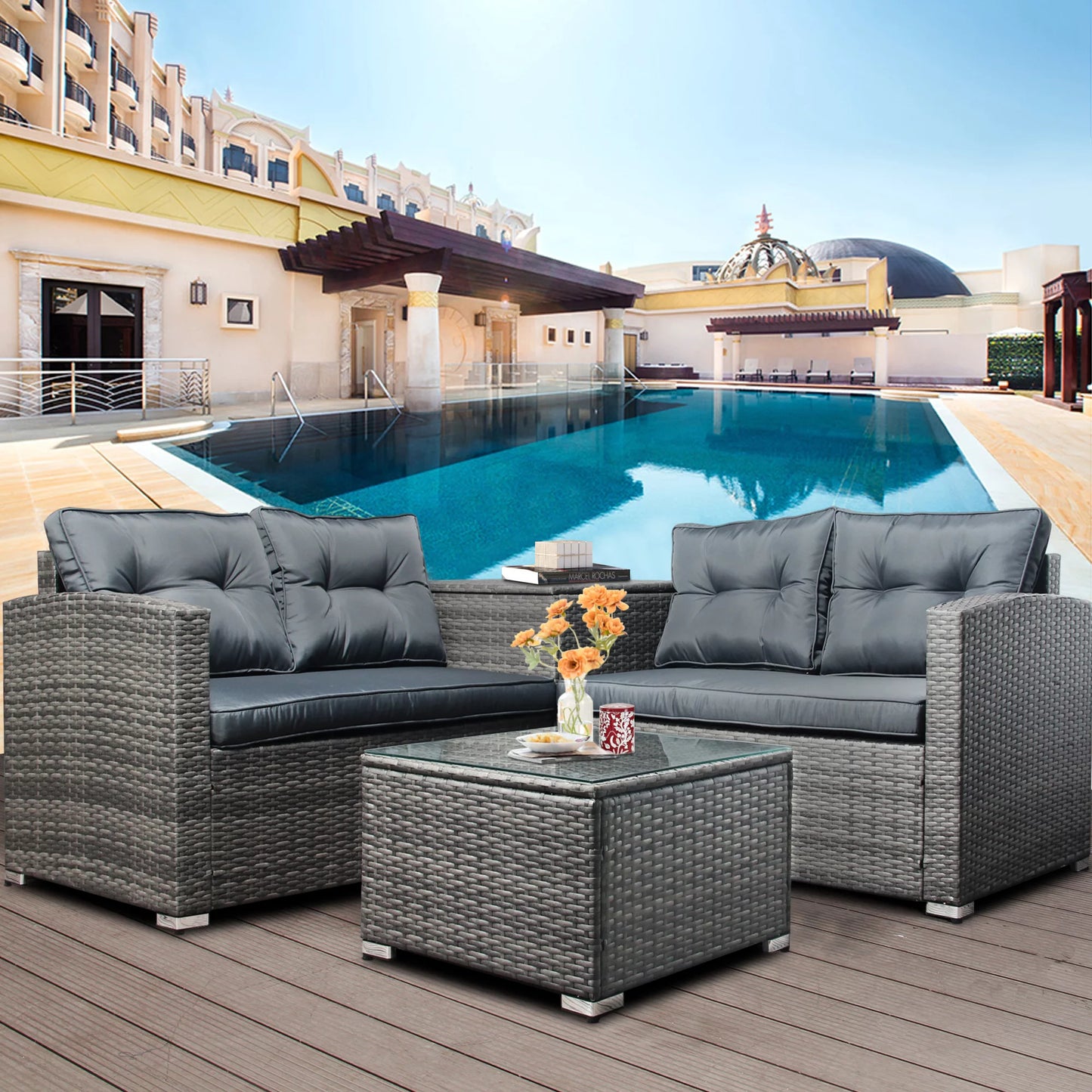 Rattan Patio Sofa Set, 4 Piece Outdoor Sectional Furniture Set, All-Weather PE Rattan Wicker Patio Conversation Set, Cushioned Sofa Set with Glass Table for Garden Pool Deck Porch, K2821