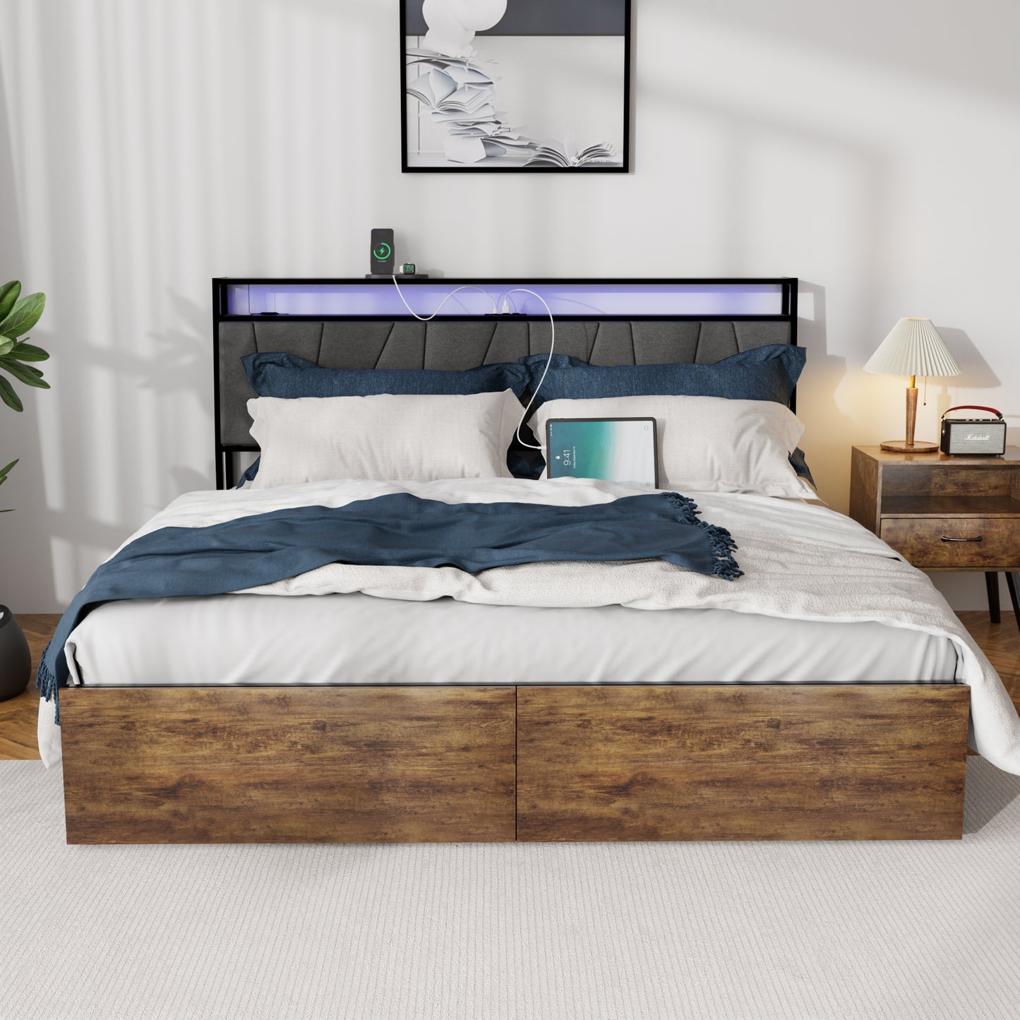 SYNGAR Platform Bed Frame Full Size with Storage Headboard, LED Lights and USB Ports and Outlets, Industrial Metal Full Bed Frame with Slat Support, Noise Free, No Box Spring Needed, Rustic Brown