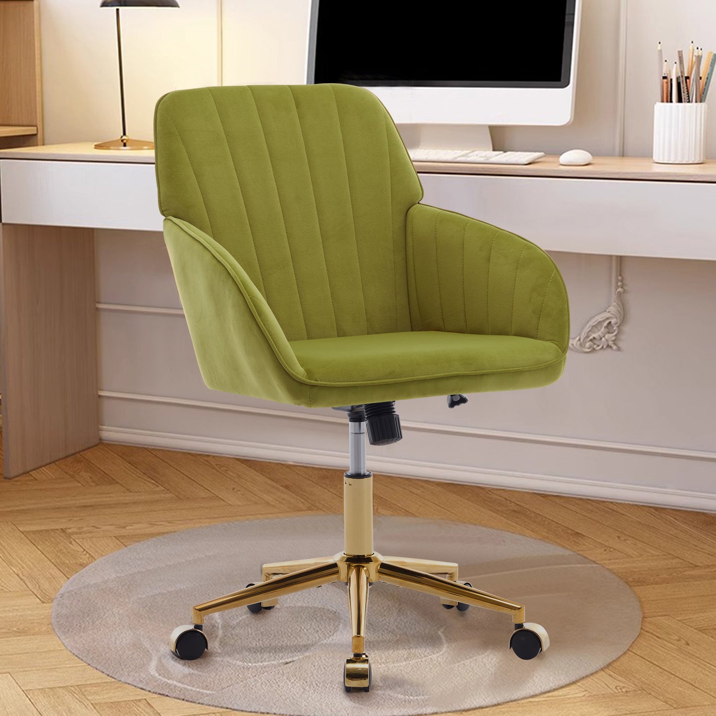 SYNGAR Office Chair with Adjustable Height, Modern Mid Back Soft Criss Cross Chair with Wheels Velvet Swivel Computer Home Task Chairs Ergonomic Executive Chair with Armrests, Rose Red