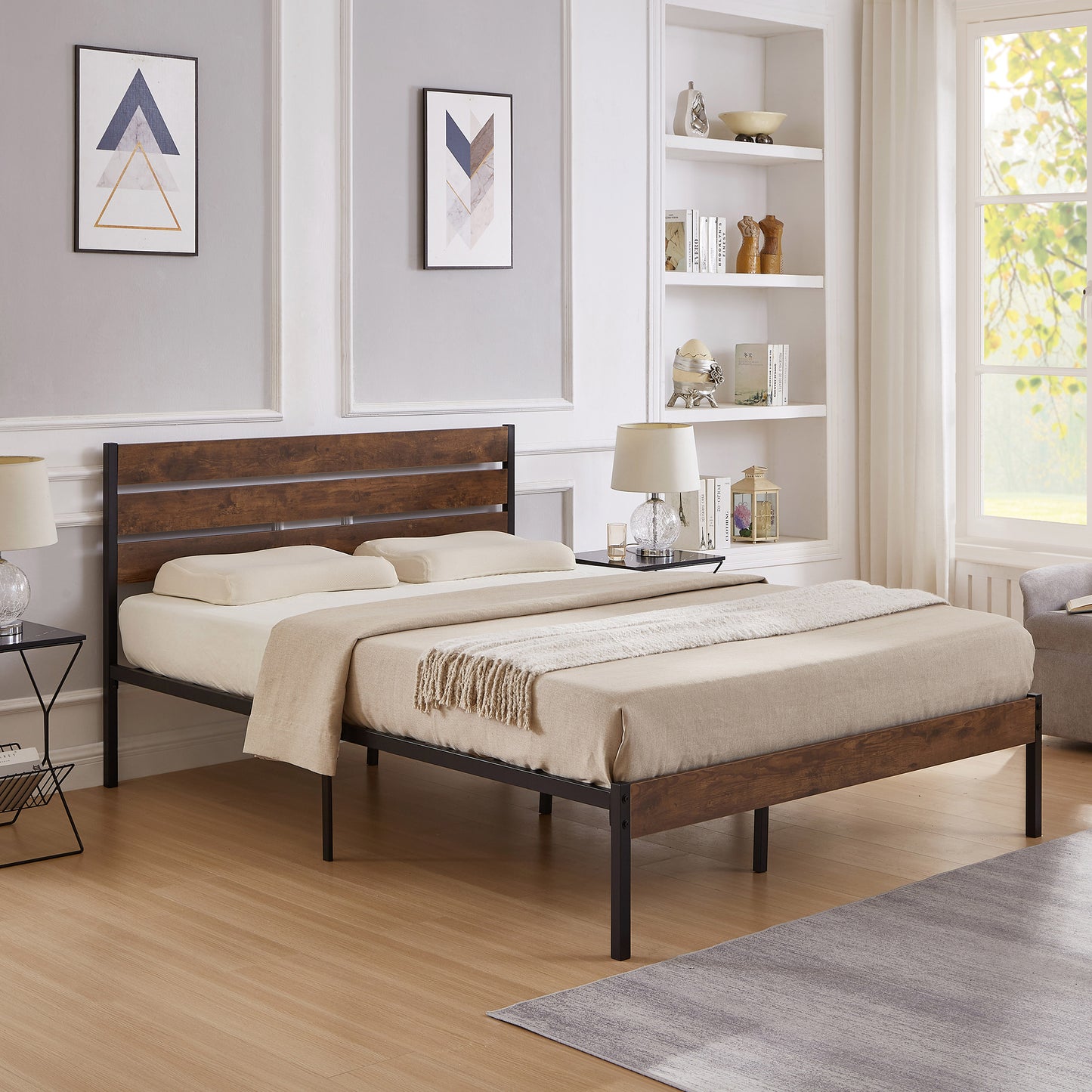 SYNGAR Black Full Size Bed Frame with Wooden Industrial Headboard, Iron Platform Bed Frame Full Metal Bed Mattress Foundation with 700LBS Capacity, No Box Spring Needed, Noise Free