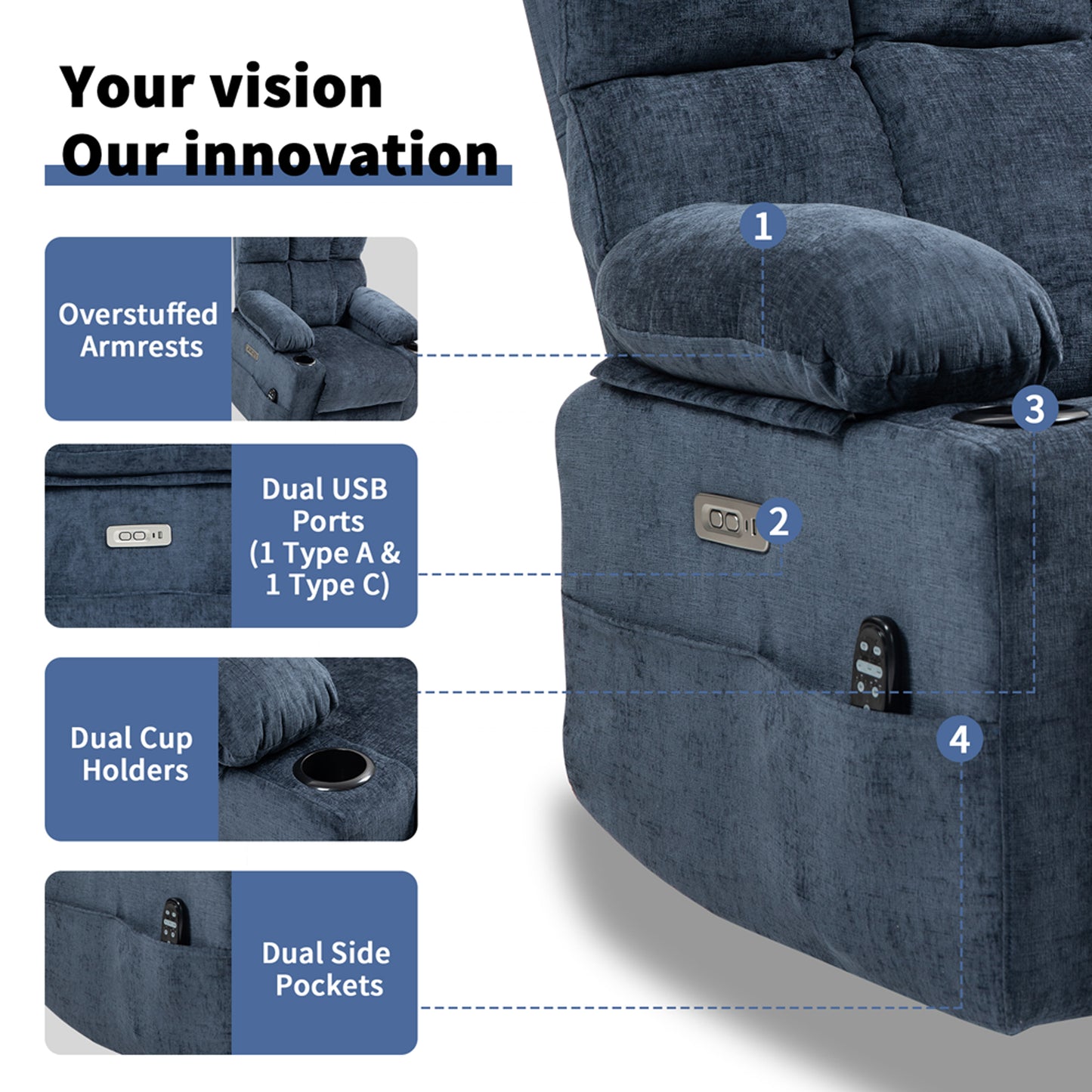 HSUNNS Power Lift Recliner Chairs for Adults, Living Room Reclining Chair with Massage and Heat Function, Upholstered Single Sofa with USB Port and Cup Holders, Blue