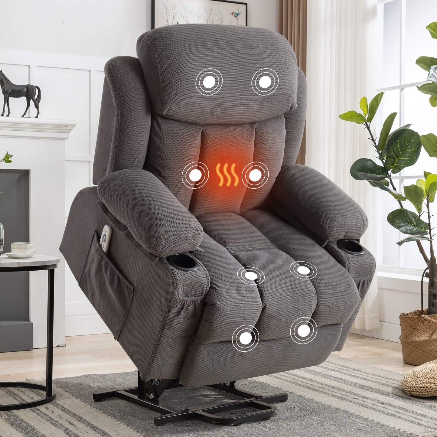 SYNGAR Power Lift Recliner Chair for Living Room, Electric Recliner Chair with Heat and Massage Function, USB Charge Port and Cup Holders, Oversized Velvet Reclining Sofa for Home Theater, Gray