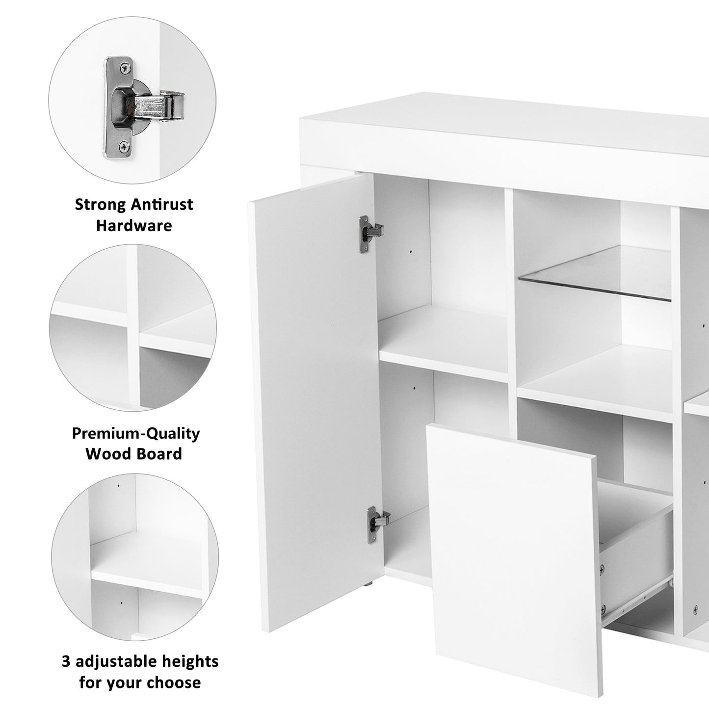 White Buffet Table, Modern Storage Cabinet, High Gloss Console Table with 16 Colors LED Lights/Drawer, Credenzas & Sideboards for Living Room/Dining Room/Kitchen/Entryway, Console Table