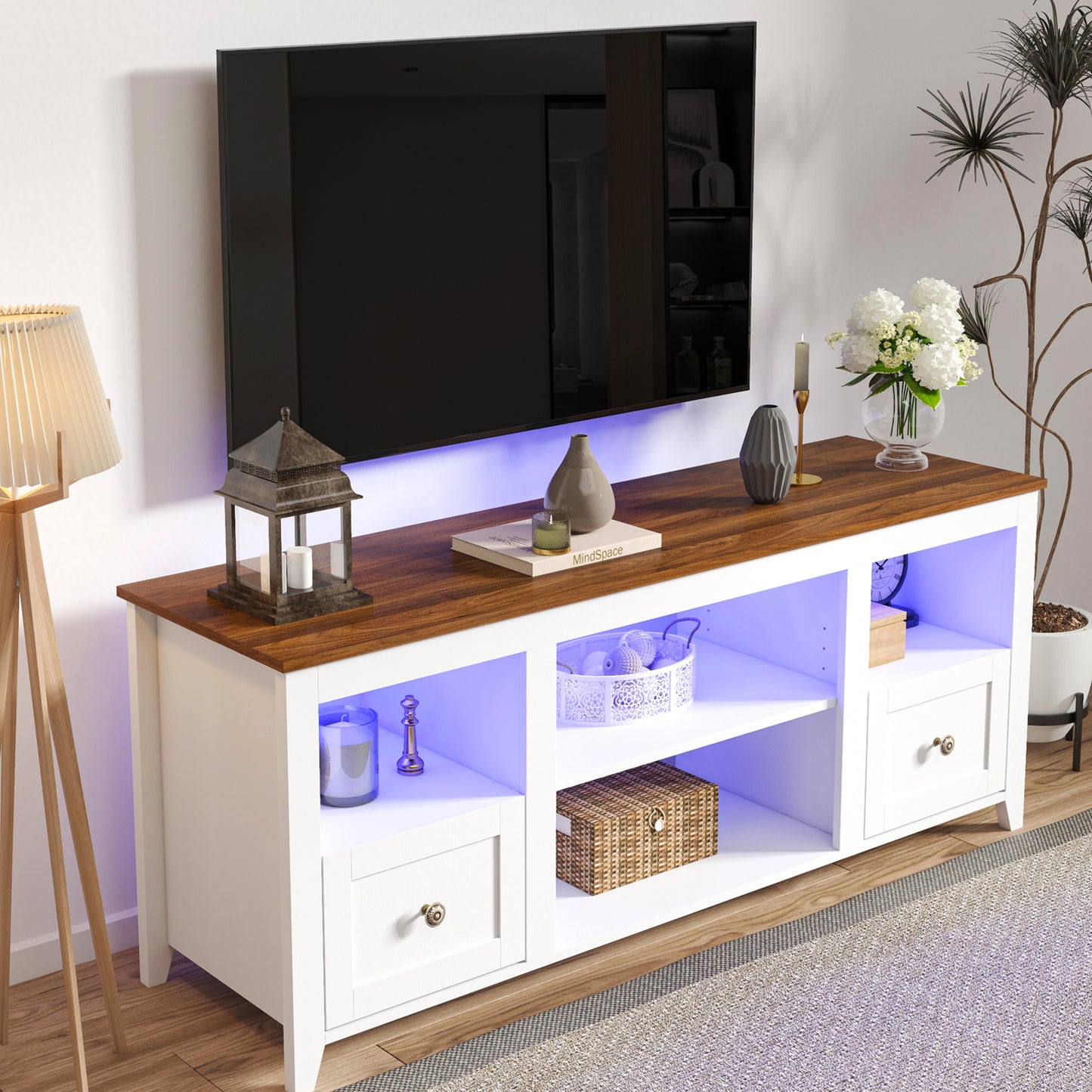 SYNGAR TV Stands for 60" TVs, Farmhouse TV Console with Remote Control LED Light, Wood TV Cabinet with Drawers and Adjustable Shelves, Entertainment Center, Vintage Handle, Anti-Skid Pad, White