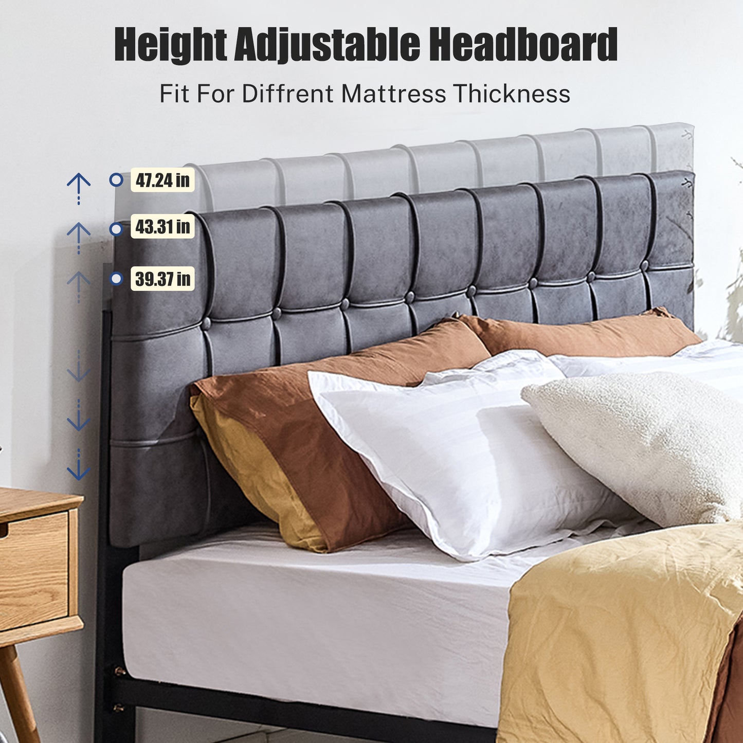 SYNGAR Queen Bed Frame, New Upgrade Queen Size Fabric Upholstered Platform Bed Frame with Button Tufted Headboard, Bedroom Furniture Metal Frame Platform Bed Frame, No Box Spring Needed, Dark Gray