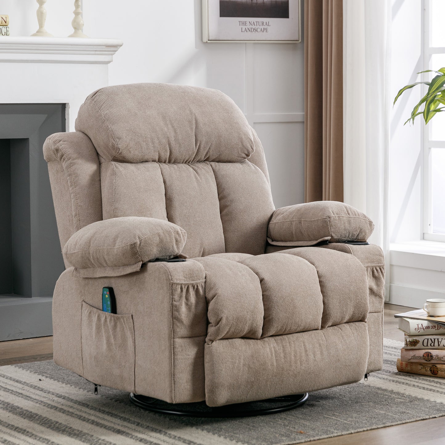 SYNGAR Oversized Recliner Chair, 360° Swivel Rocker Reclining Chair with Massage and Heat Function, USB, Cup Holders and Side Pockets, Living Room Single Sofa Seat Nursery Lounge Chair, Grey