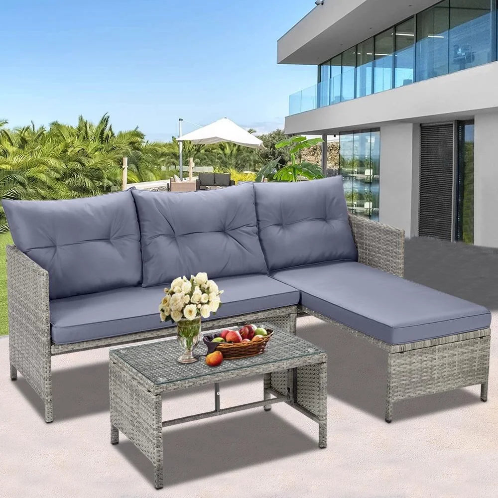 Rattan Patio Sofa Set, 4 Piece Outdoor Sectional Furniture Set, All-Weather PE Rattan Wicker Patio Conversation Set, Cushioned Sofa Set with Glass Table for Garden Pool Deck Porch, K2821