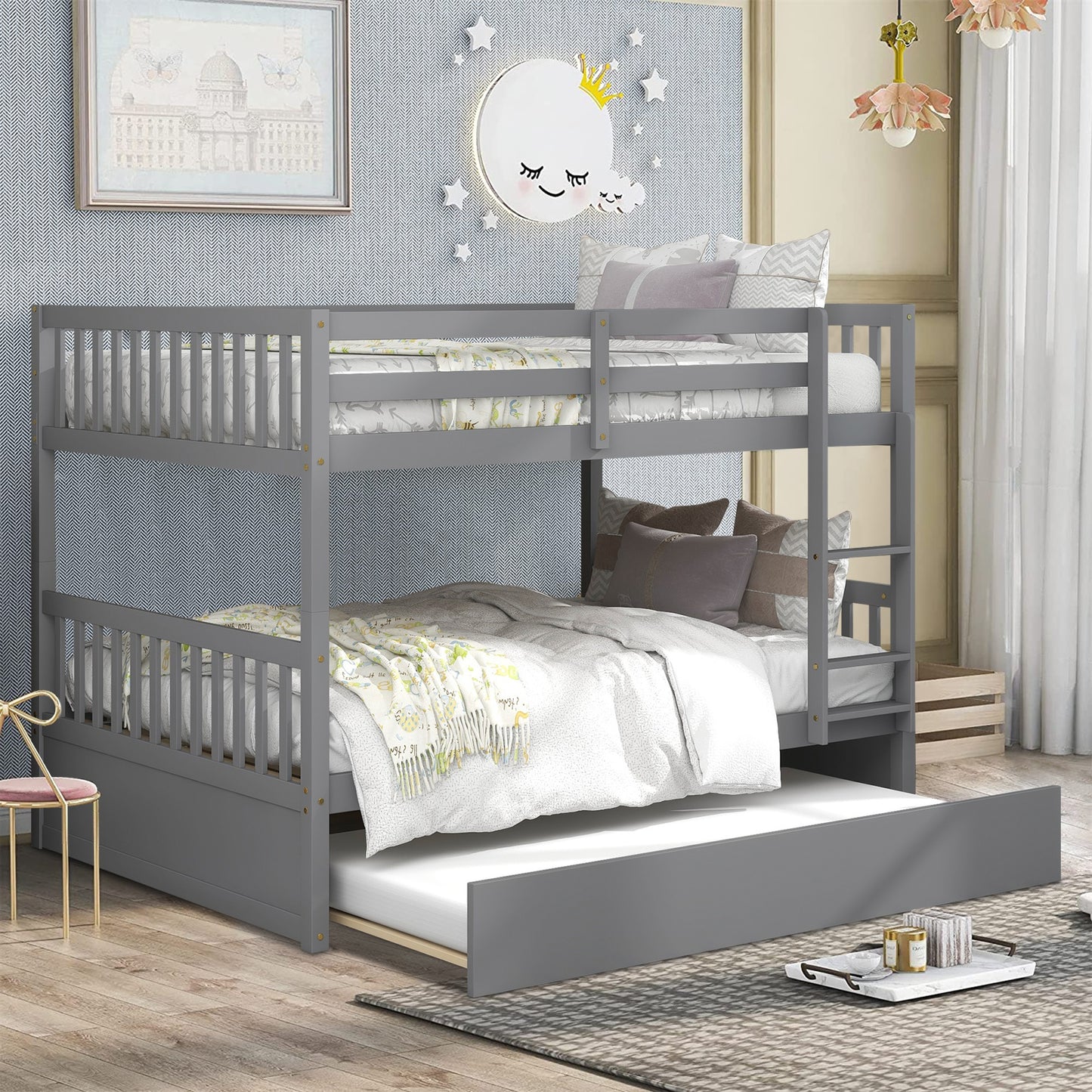 SYNGAR Full Over Full Bunk Bed with Trundle, Bunk Beds Convertible to 2 Platform Full Size Bed Frame with Guardrails and Ladder, Suitable for Kids, Teens, Adults, No Box Spring Needed, Espresso