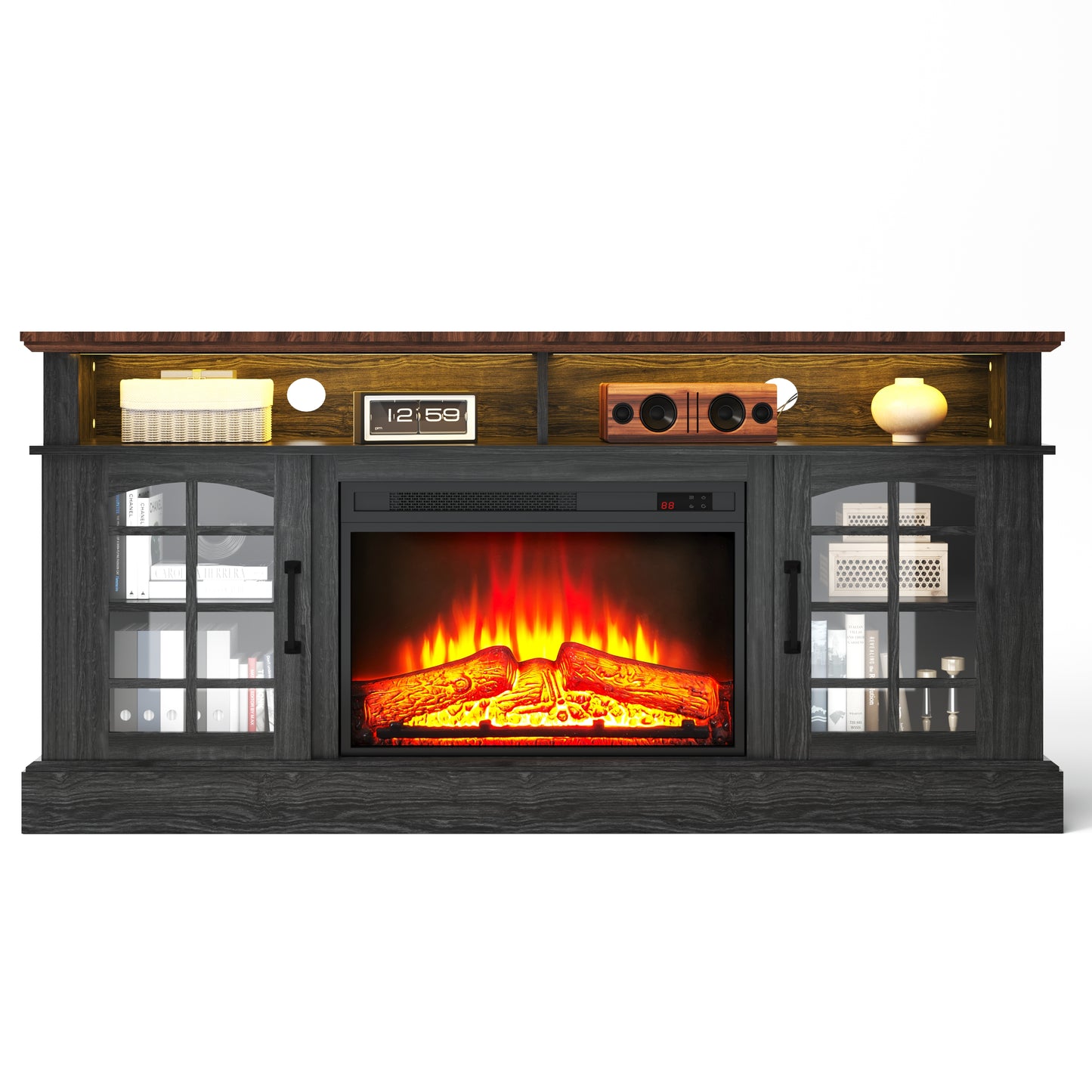 SYNGAR Fireplace Electric TV Stand for 65" TV with LED Light, Modern Entertainment Center With Remote Control Virtual Flame Fireplace, 2 Cabinet Storage, Glass Door, Storage Shelves, Black+Brown