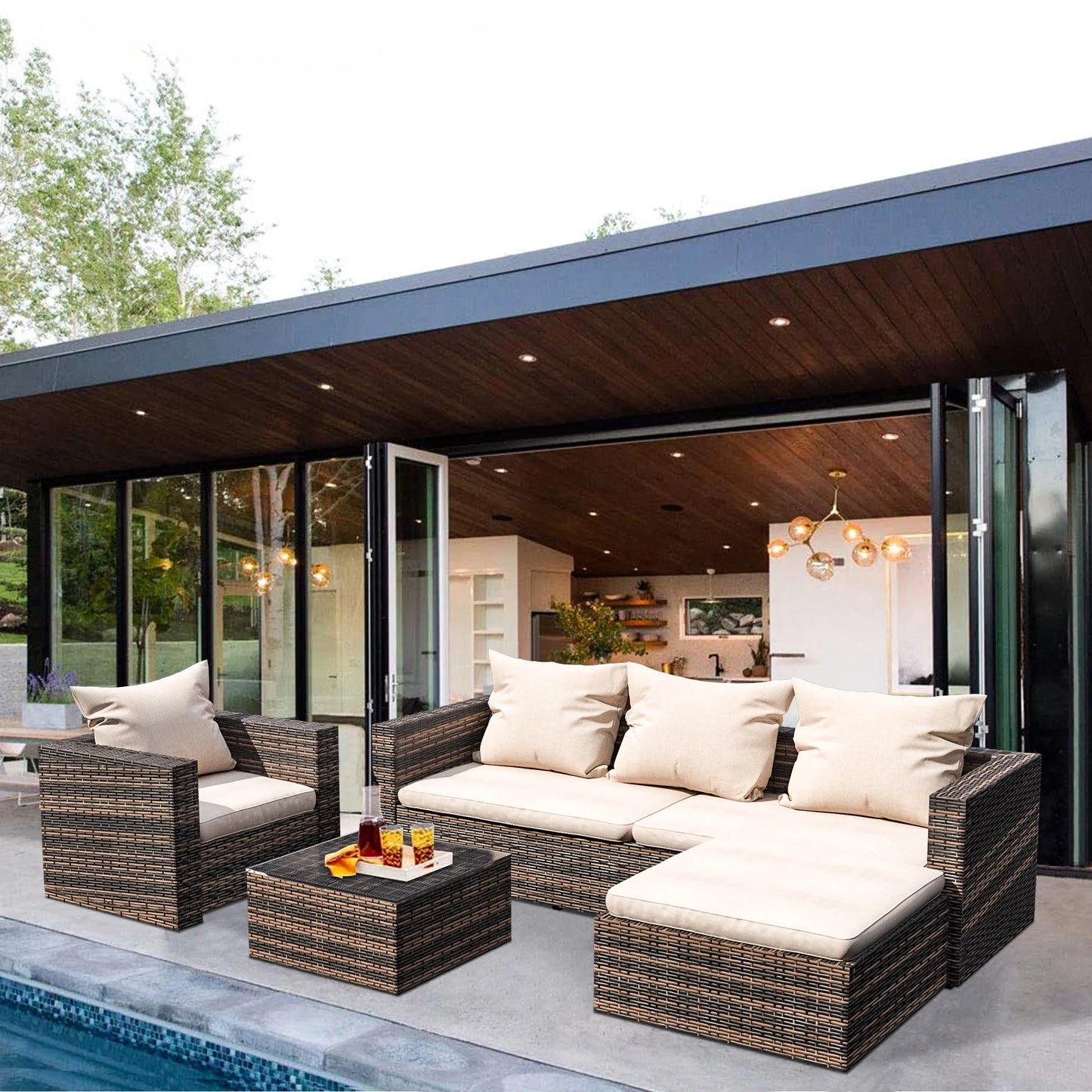 Rattan Patio Sofa Set, 4 Piece Outdoor Sectional Furniture Set, All-Weather PE Rattan Wicker Patio Conversation Set, Cushioned Sofa Set with Glass Table for Garden Pool Deck Porch, K2829