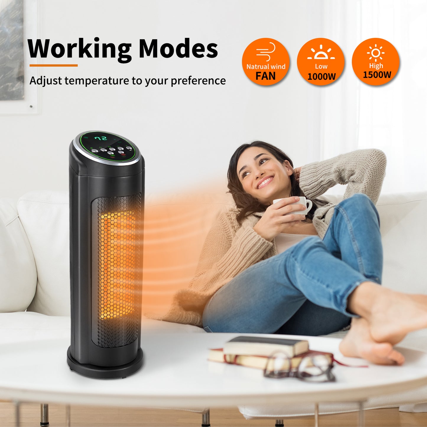 SYNGAR Space Heater for Indoor Use, Fast Heating, Electric & Portable Tower Heater with Thermostat, 1500W Room Heater with 2 Modes, 12H Timer, LED Display, Safe for Office Use, Black