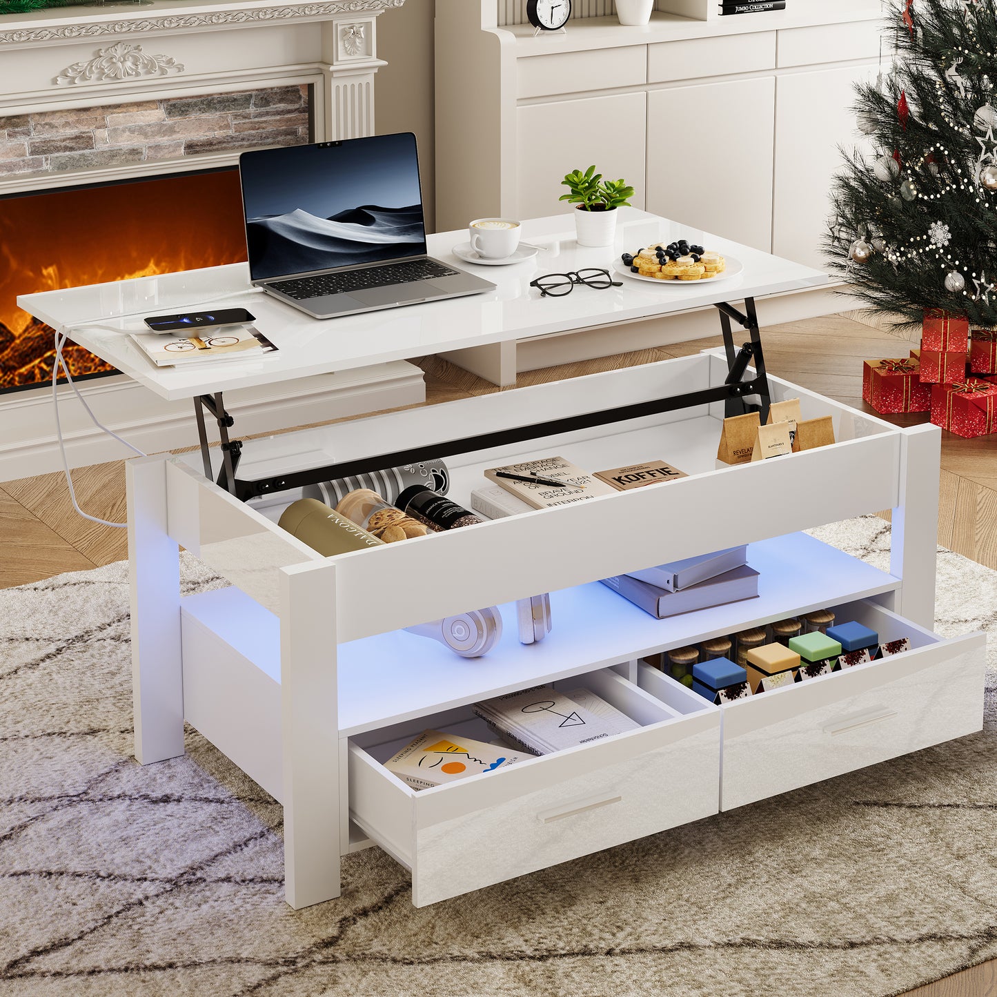 SYNGAR Lift Top Coffee Table with LED Light, Modern Coffee Table with Large Hidden Storage and Two Drawers, Wood Coffee Table with Lifting Top for Living Room, Black