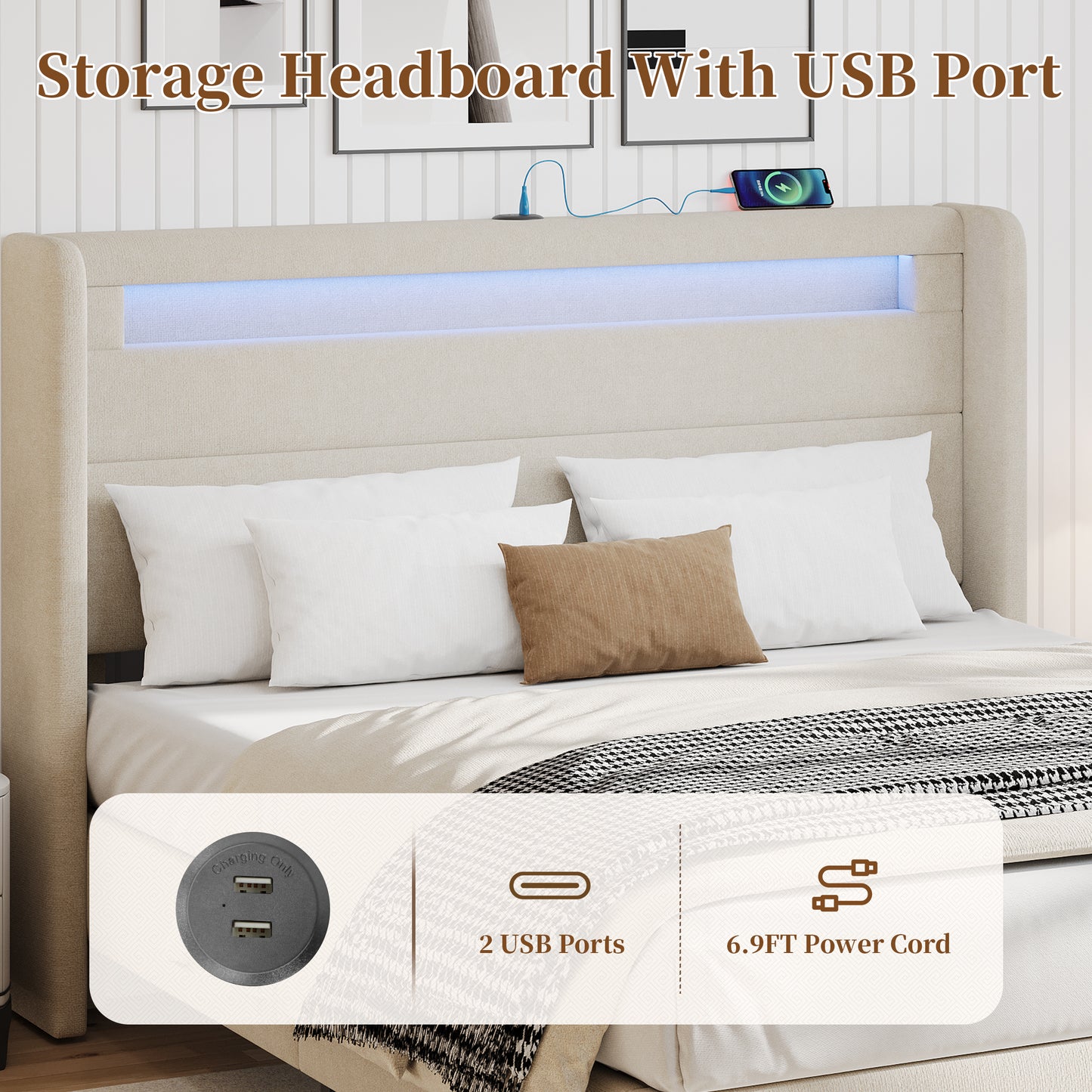 SYNGAR Full Bed Frame with LED Light Headboard, Modern Upholstered Platform Bed Frame with USB Port and Storage Headboard, Bedroom Furniture, No Box Spring Needed, Easy Assembly, Beige