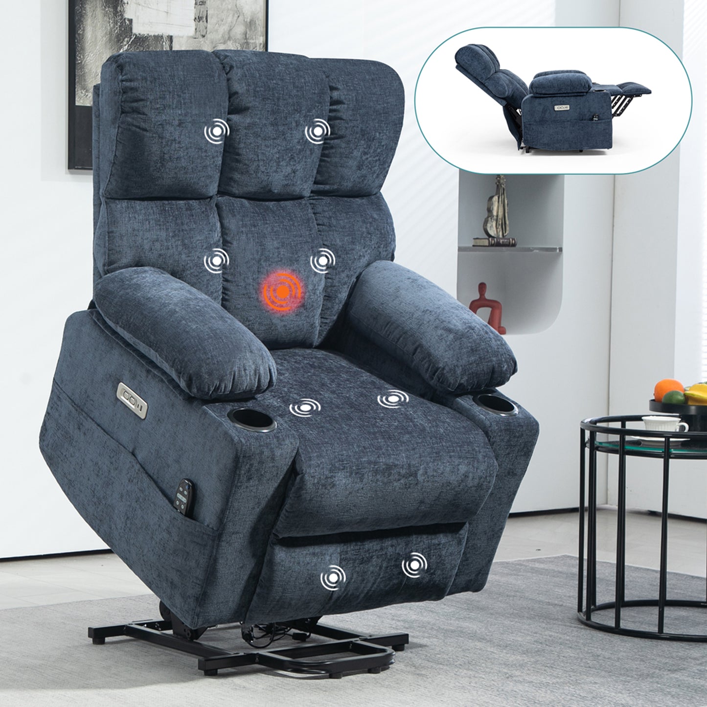 HSUNNS Power Lift Recliner Chairs for Adults, Living Room Reclining Chair with Massage and Heat Function, Upholstered Single Sofa with USB Port and Cup Holders, Blue