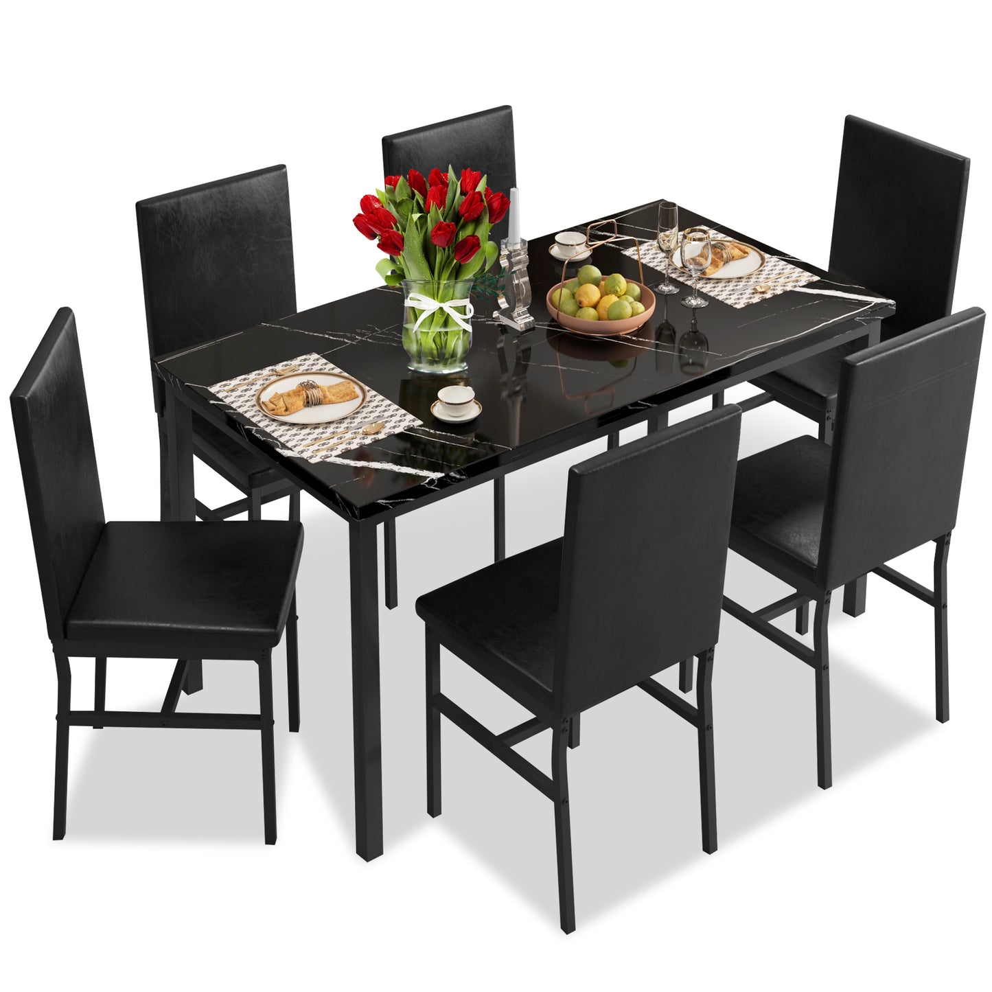 SYNGAR 7 Piece Dining Table Set, Kitchen Dining Table and Chairs Set for 6, Modern Marble Table and 4 PU Leather Upholstered Chairs, Home Dining Set for Small Space, Breakfast Nook, D9210