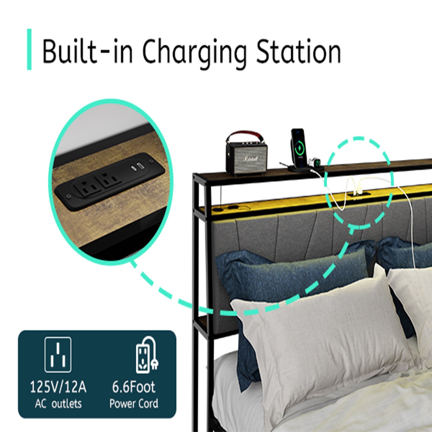 SYNGAR Platform Bed Frame Full Size with Storage Headboard, LED Lights and USB Ports and Outlets, Industrial Metal Full Bed Frame with Slat Support, Noise Free, No Box Spring Needed, Rustic Brown