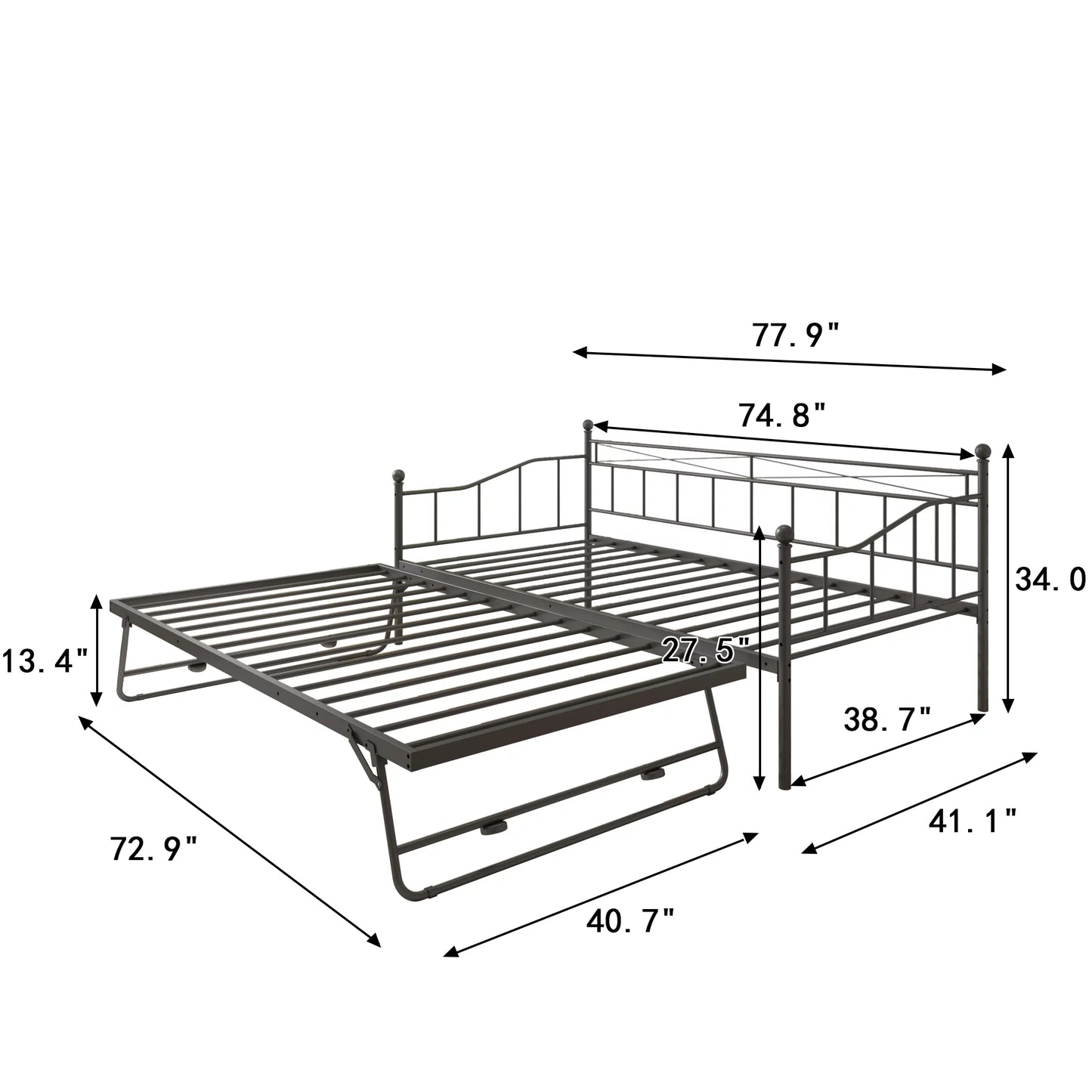 Premium Daybed Metal Bed Frame, Twin Size Bed with Trundle, Daybed and Roll Out Trundle for Kids Room Guest Room Apartment, Easy Assembly, Mattresses Sold Separately