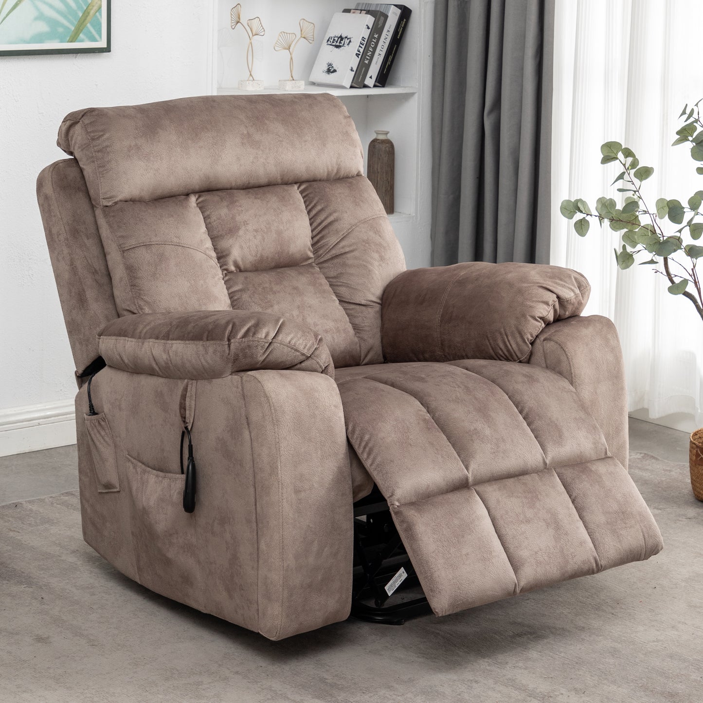 SYNGAR Electric Lift Recliner Chair with Heat and Massage, Oversized Recliner with Hidden Cup Holder for Living Room, Single Recliner Sofa with 26" Width Seat, Easy Assembly, Light Brown