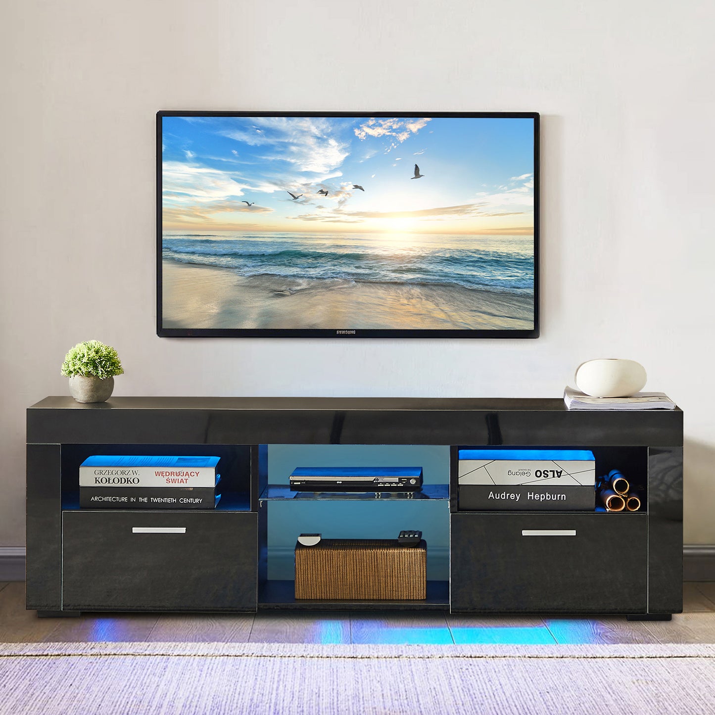SYNGAR Black TV Stand for 55 inch TV, Modern High Glossy TV Console Table Stand with 16 Colors LED Lights, Living Room TV Table Stand Buffet Cabinet with Storage, 51"L×14" W×16"H