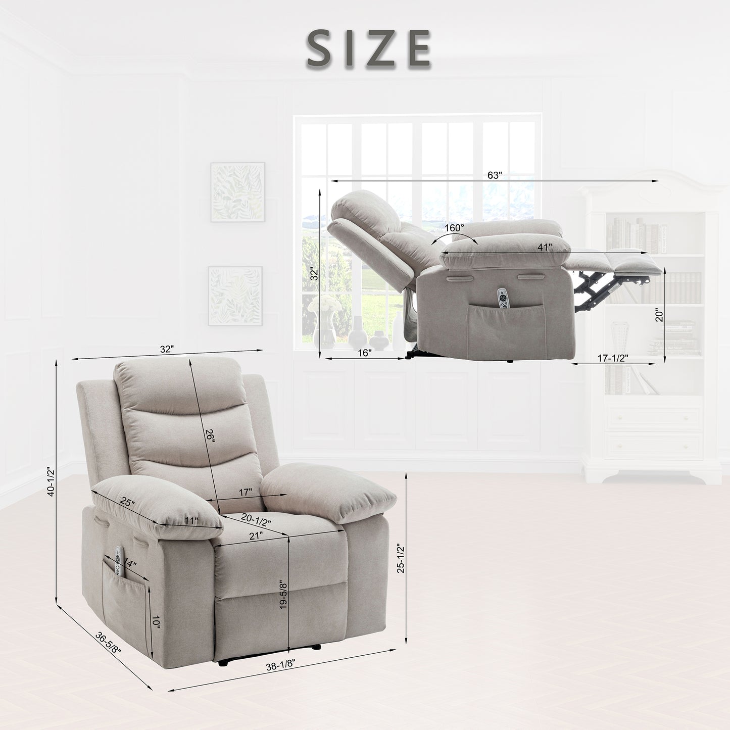 SYNGAR Electric Recliner Chair with Massage and Heating Function, Power Recliner Chair with Remote Control, Side Pockets, Armrest, Recliner Sofa Lounge Chair for Living Room Bedroom, Beige
