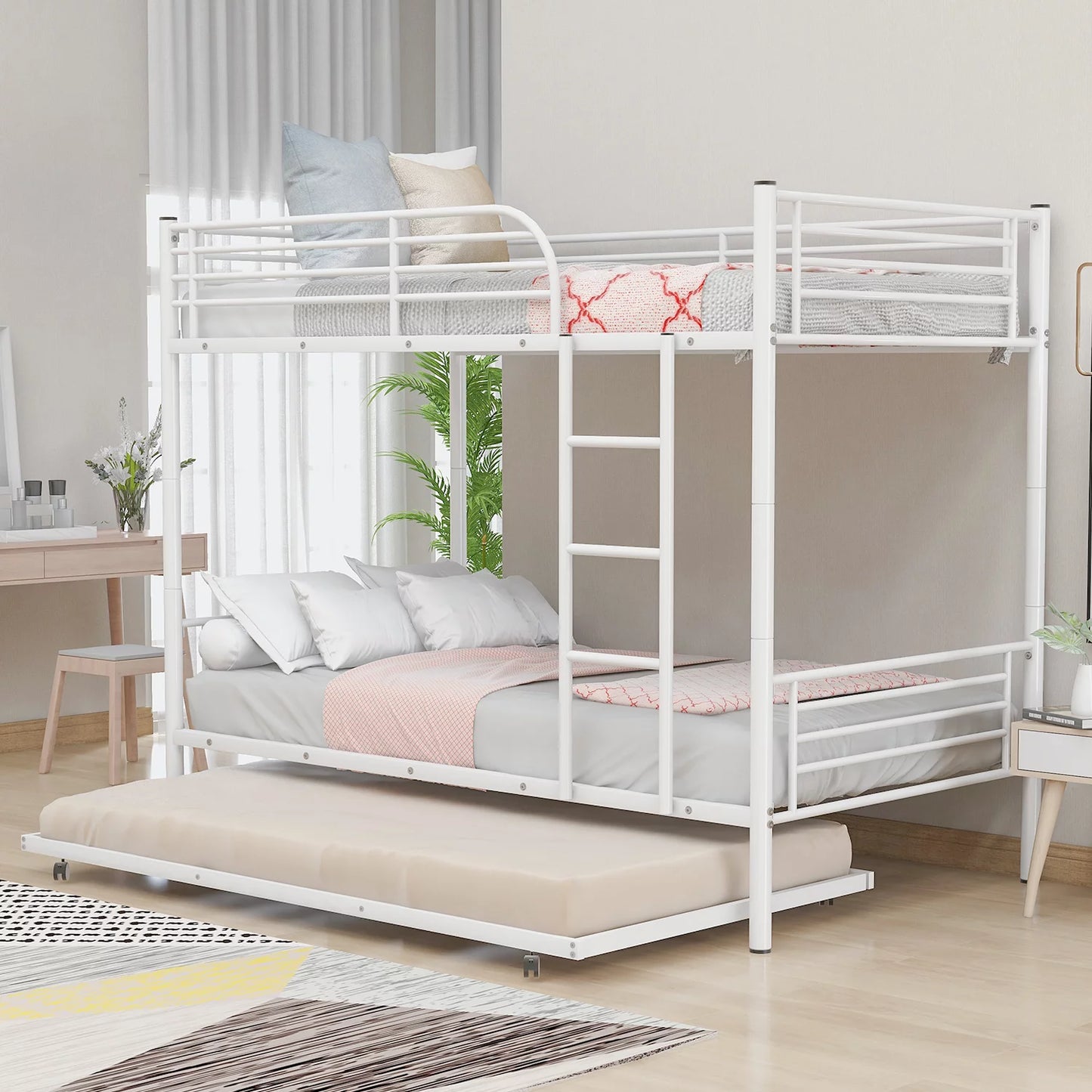 Bunk Bed with Roll Out Trundle Bed Frame, Metal Bunk Bed Can Be Divided Into Two Twin Beds, Trundle Twin Bunk Bed with Ladders and Guardrails for Guest Room, Space Saving Bedroom Furniture