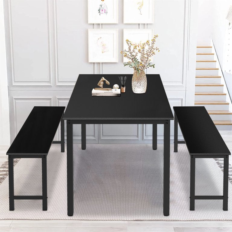3 Piece Dining Table Set, Modern Kitchen Table and Bench for 6, MDF Board Table Top and Metal Frame Kitchen Furniture Set, Breakfast Nook Table with Two Benches for Home Apartment Office, B1204