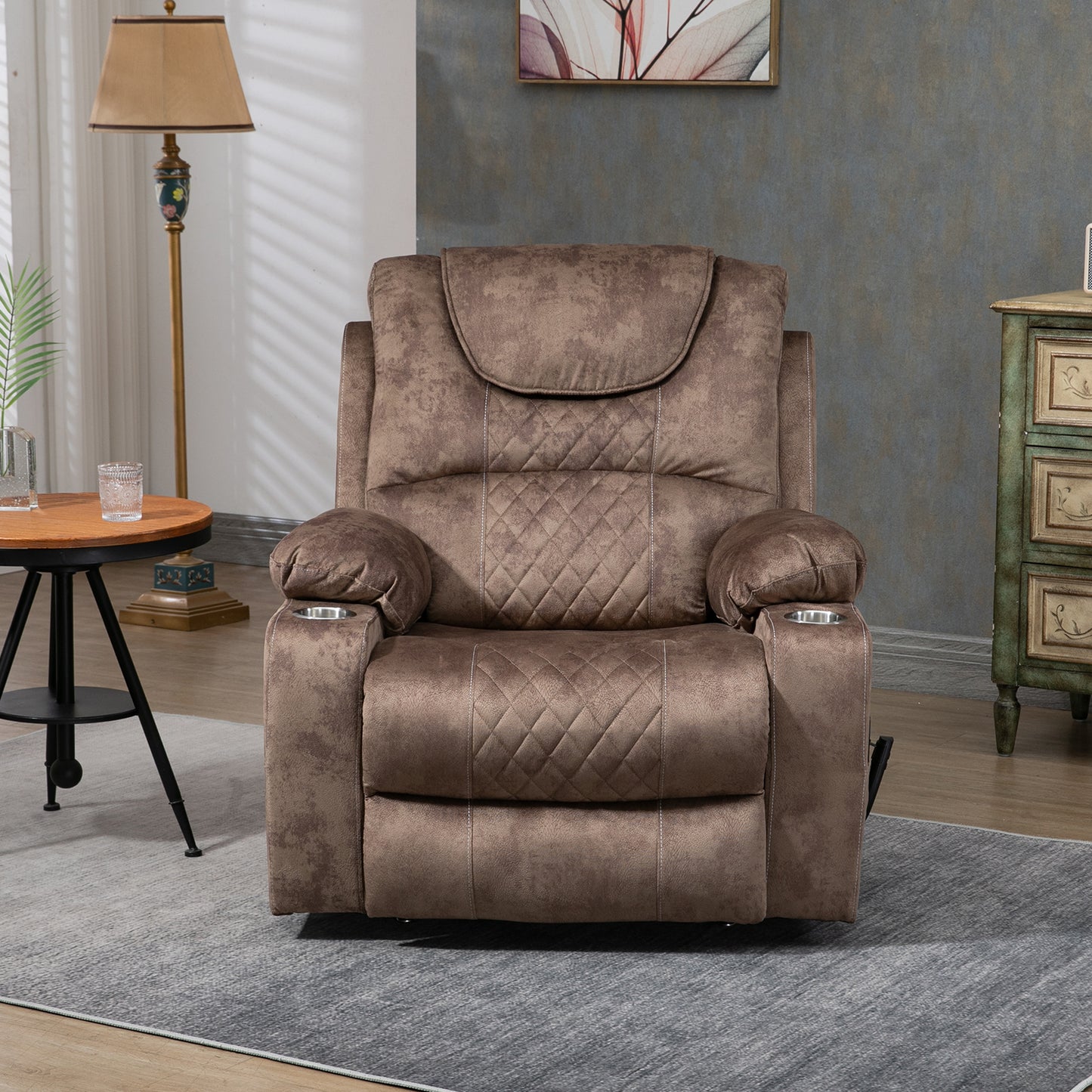 SYNGAR Power Lift Recliner Chair with Massage and Heat for Elderly, Lay Flat Sleeping Overstuffed Wide Recliners, Heavy Duty and Safety Motion Reclining Mechanism with 2 Cup Holders, Brown
