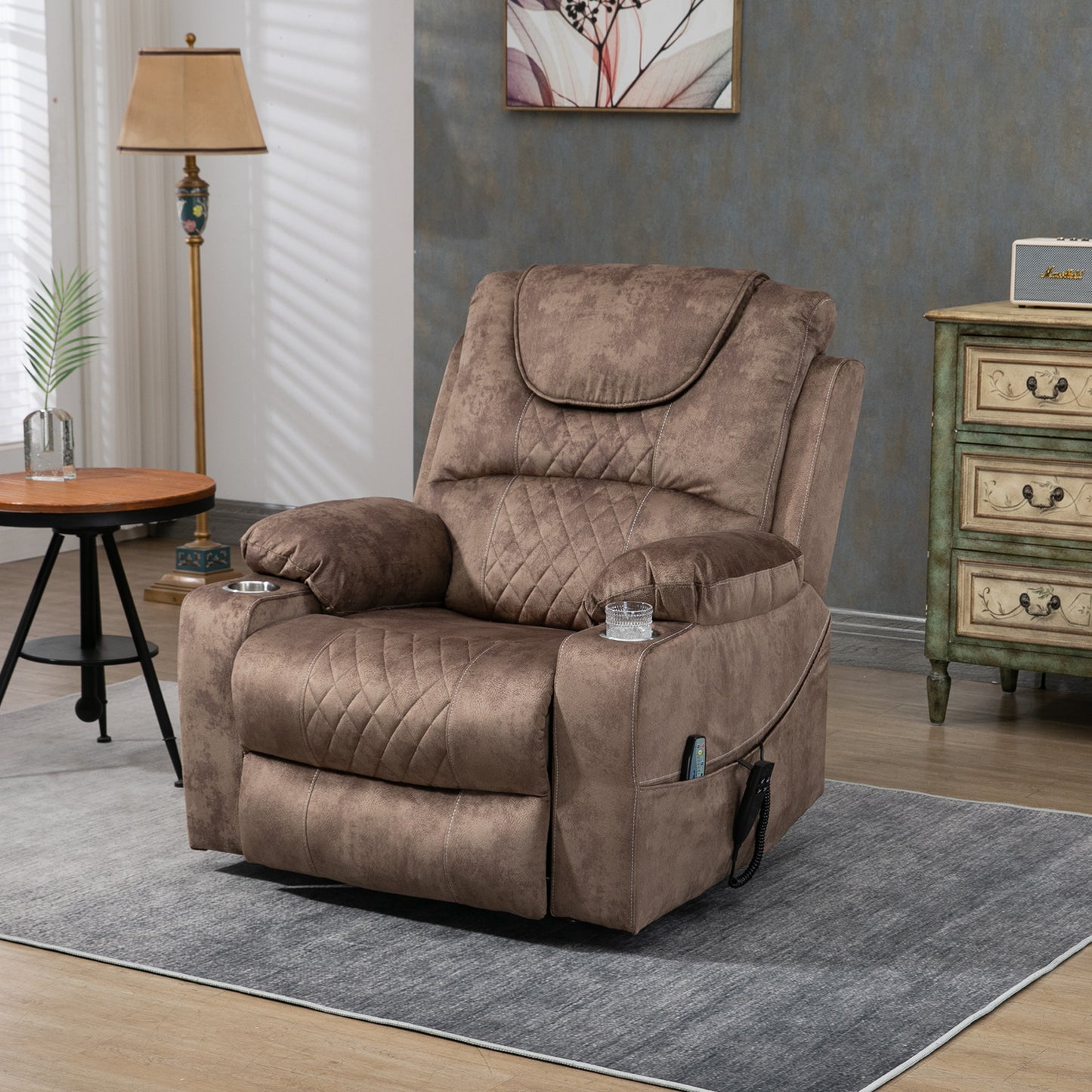 SYNGAR Power Lift Recliner Chair with Massage and Heat for Elderly, Lay Flat Sleeping Overstuffed Wide Recliners, Heavy Duty and Safety Motion Reclining Mechanism with 2 Cup Holders, Brown