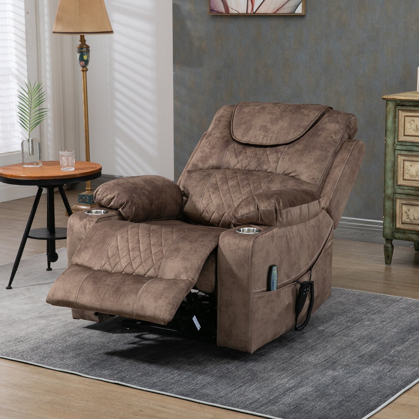 SYNGAR Power Lift Recliner Chair with Massage and Heat for Elderly, Lay Flat Sleeping Overstuffed Wide Recliners, Heavy Duty and Safety Motion Reclining Mechanism with 2 Cup Holders, Brown