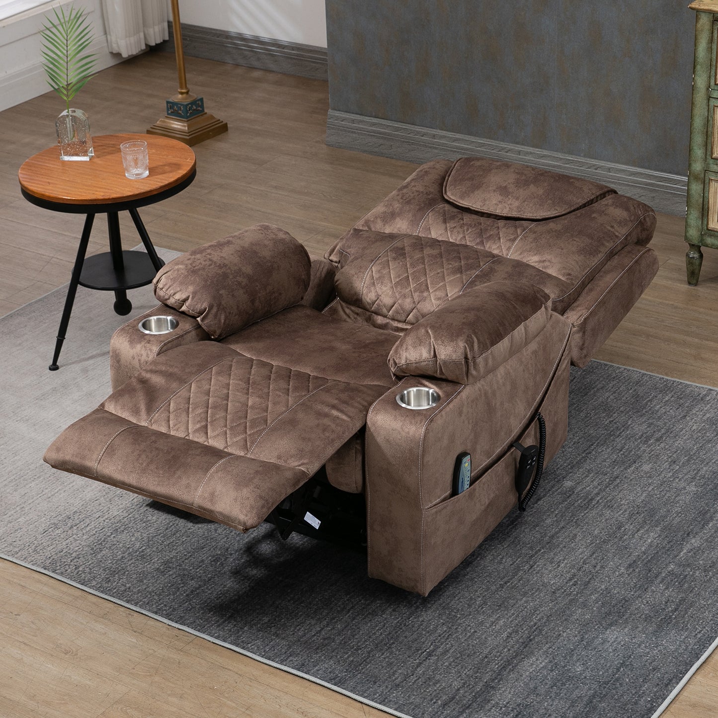 SYNGAR Power Lift Recliner Chair with Massage and Heat for Elderly, Lay Flat Sleeping Overstuffed Wide Recliners, Heavy Duty and Safety Motion Reclining Mechanism with 2 Cup Holders, Brown