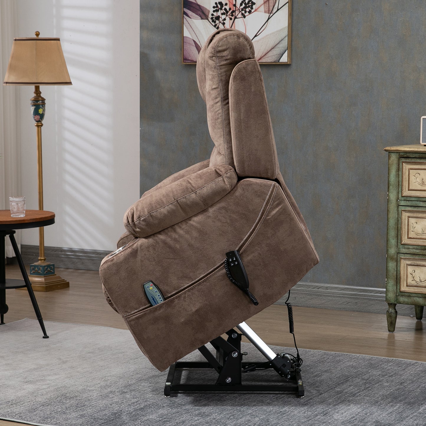 SYNGAR Power Lift Recliner Chair with Massage and Heat for Elderly, Lay Flat Sleeping Overstuffed Wide Recliners, Heavy Duty and Safety Motion Reclining Mechanism with 2 Cup Holders, Brown